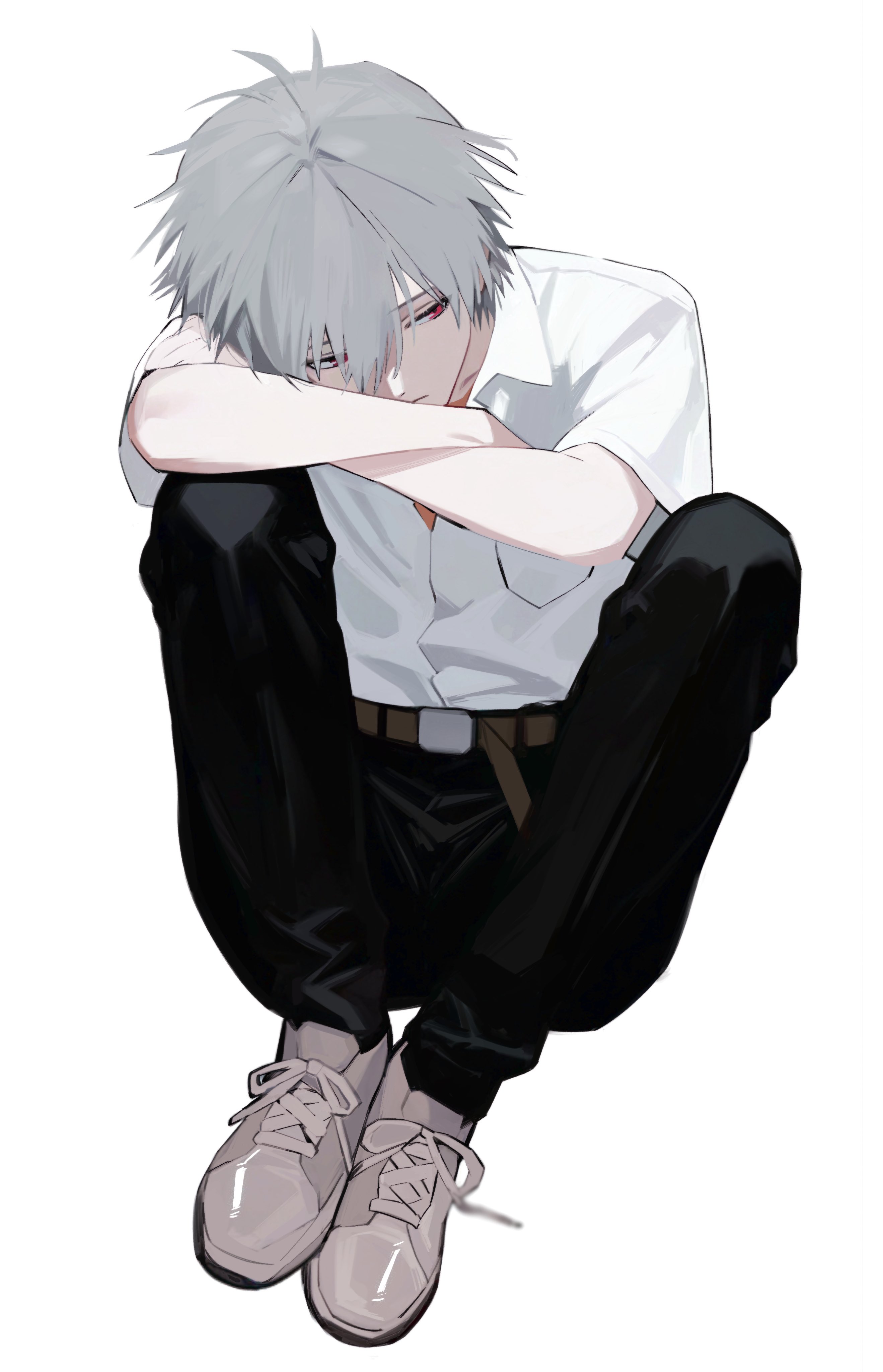nagisa kaworu, neon genesis evangelion, absurdres, commentary request, highres, 1boy, arm on knee, belt, belt buckle, black pants, breast pocket, brown belt, buckle, closed eyes, crossed arms, full body, grey hair, invisible chair, looking to the side, male focus, pants, parted bangs, pocket, red eyes, seeuagain5353, shirt, shirt tucked in, shoelaces, shoes, short hair, short sleeves, sideways glance, sitting, sneakers, solo, white shirt, white shoes