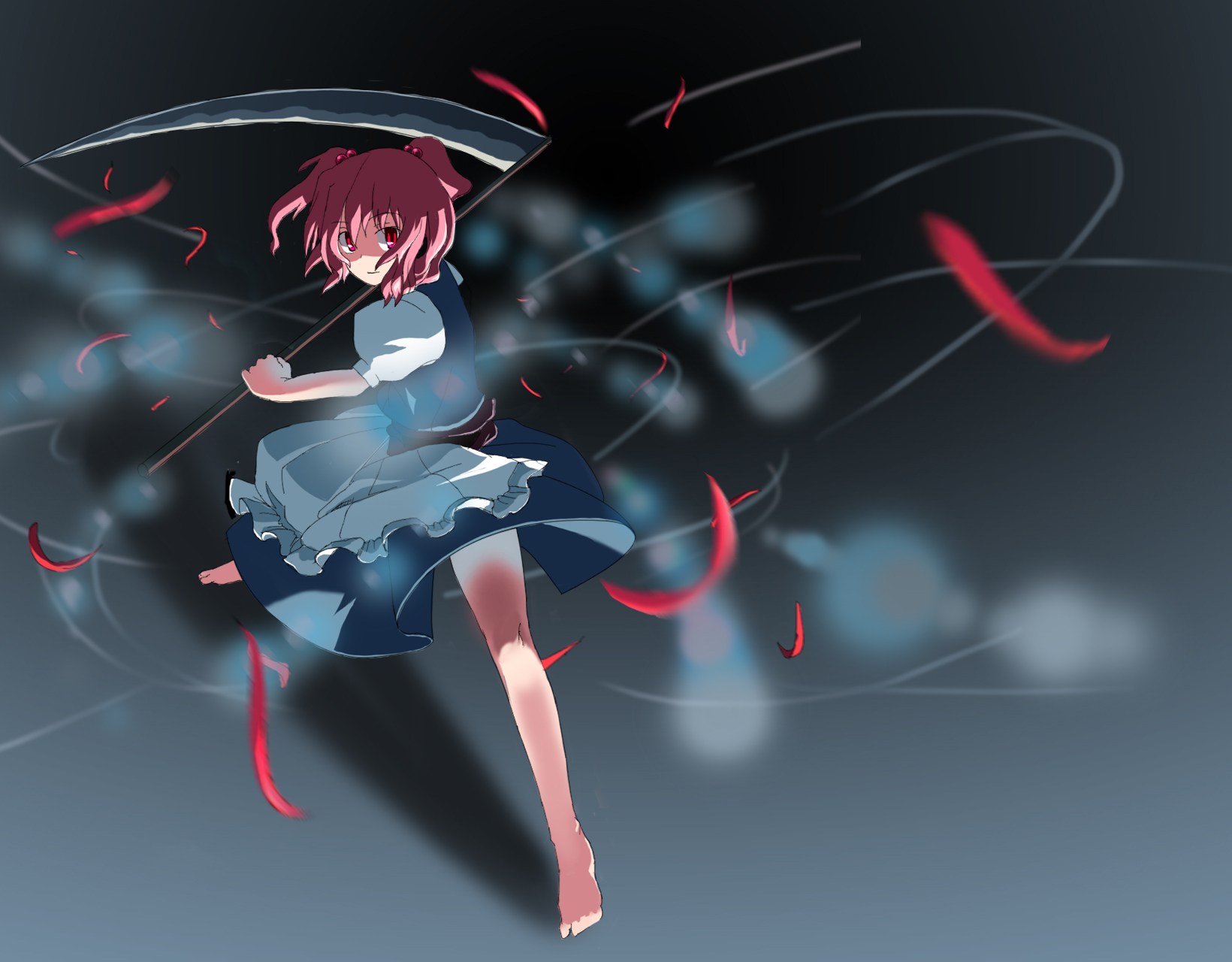 orga (pixiv), organ derwald, onozuka komachi, touhou, bad id, bad pixiv id, highres, 1girl, barefoot, black background, female focus, full body, gradient background, grey background, petals, red eyes, red hair, scythe, solo, standing, twintails, two side up
