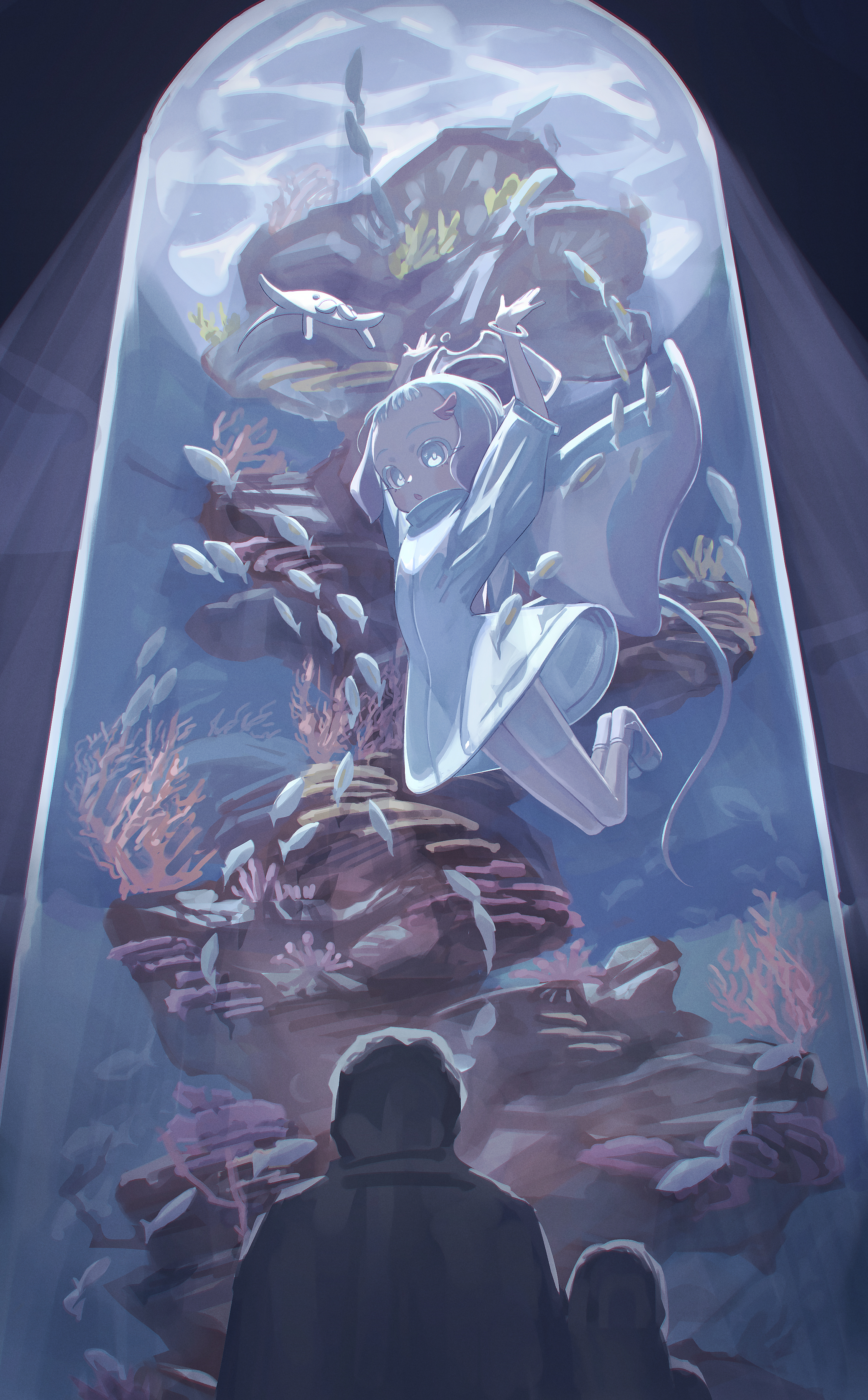 captaintcher, original, absurdres, highres, 1girl, aquarium, blue eyes, blue hair, coral, dress, fish, manta ray, open mouth, short hair, swimming, water