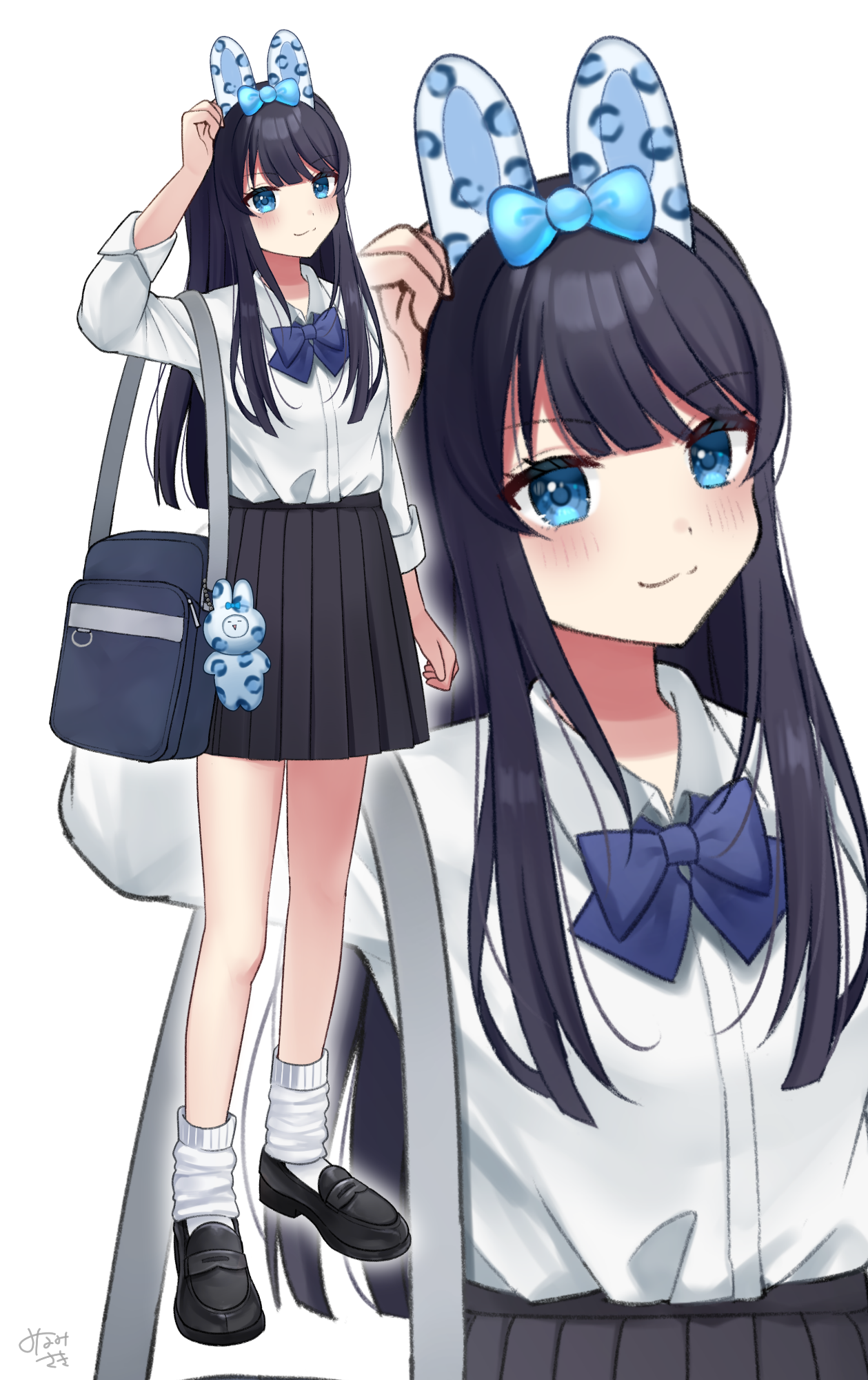 minami saki, original, commentary, highres, symbol-only commentary, 1girl, animal ears, bag, black hair, black shoes, black skirt, blue bow, blue bowtie, blue eyes, bow, bowtie, closed mouth, collared shirt, fake animal ears, full body, long sleeves, multiple views, pleated skirt, rabbit ears, school bag, school uniform, shirt, shoes, signature, simple background, skirt, smile, socks, standing, white background, white shirt, white socks