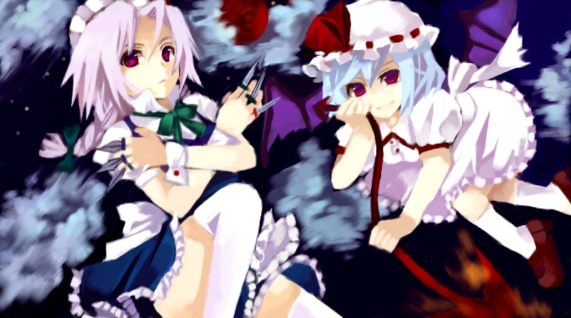 n-mix, izayoi sakuya, remilia scarlet, touhou, bad id, bad pixiv id, 2girls, between fingers, blue hair, female focus, hat, holding, knife, maid, multiple girls, ribbon, short hair, thighhighs, throwing knife, weapon, wings