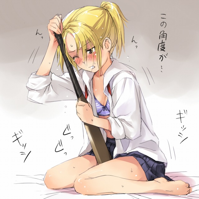 mosha, onizuka hime, sket dance, translated, 1girl, barefoot, blonde hair, blush, bra, crotch rub, female focus, female masturbation, hockey stick, lingerie, long hair, masturbation, one eye closed, open clothes, open shirt, pleated skirt, ponytail, school uniform, shirt, short hair, sitting, skirt, sleeves rolled up, solo, sweat, trembling, underwear, wariza, white shirt