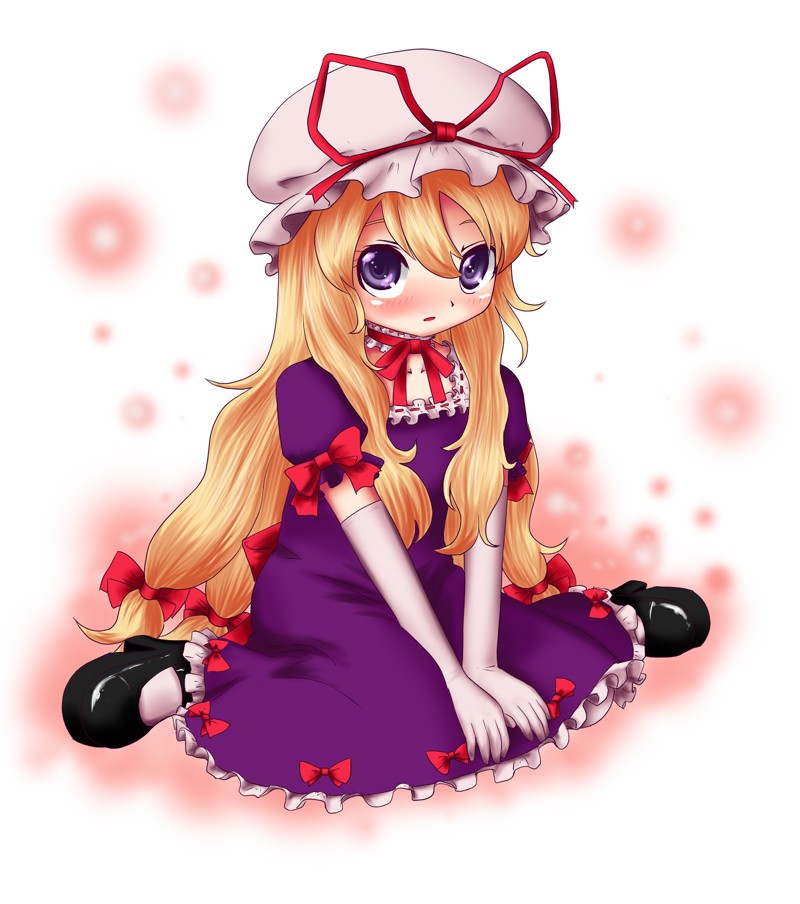 kirisaki (gin16k), kirisaki akihito, yakumo yukari, touhou, bad id, bad pixiv id, 1girl, aged down, black shoes, blonde hair, blush, child, dress, elbow gloves, female focus, full body, gloves, gradient background, hair ribbon, hat, long hair, mary janes, mob cap, purple eyes, ribbon, shoes, sitting, solo, tears
