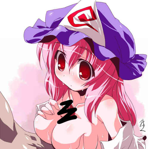 miuku (marine sapphire), saigyouji yuyuko, touhou, lowres, 1girl, breasts, censored, hat, large breasts, paizuri, penis, pink hair, red eyes, solo focus, sweat