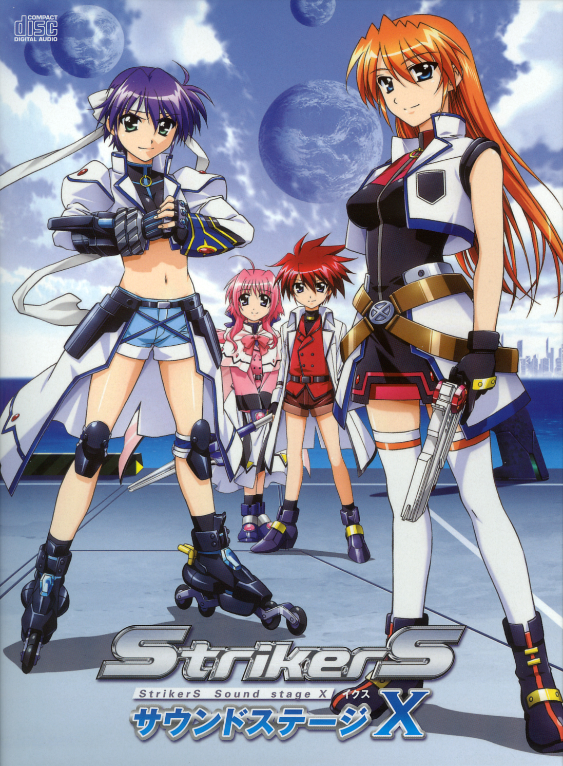 okuda yasuhiro, caro ru lushe, cross mirage, erio mondial, kerykeion (nanoha), mach caliber, revolver knuckle, strada, subaru nakajima, teana lanster, lyrical nanoha, mahou shoujo lyrical nanoha, mahou shoujo lyrical nanoha strikers, mahou shoujo lyrical nanoha strikers sound stage x, highres, 00s, 1boy, 3girls, bow, denim, denim shorts, inline skates, multiple girls, pink bow, roller skates, shorts, skates, thighhighs