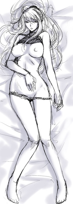 michael f91, samus aran, metroid, nintendo, super metroid, 1girl, barefoot, bed, breasts, breasts apart, clothes lift, clothes pull, crop top, dakimakura (medium), female focus, from above, full body, greyscale, groin, hair between eyes, hair spread out, hand on own stomach, high ponytail, large breasts, legs, long hair, looking at viewer, lying, monochrome, nipples, no bra, no panties, nude, on back, panties, panty pull, parted lips, ponytail, scrunchie, shirt lift, short shorts, shorts, shorts pull, sidelocks, sketch, sleeveless, sleeveless turtleneck, solo, thigh gap, turtleneck, underwear