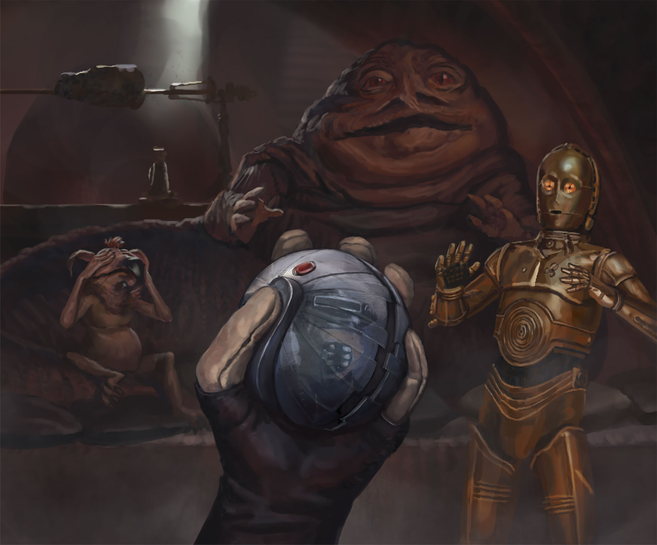 javier charro, bossk, c-3po, jabba the hutt, kowakian monkey-lizard, star wars, star wars: return of the jedi, highres, 3boys, alien, brown gloves, explosive, gloves, holding, indoors, looking at viewer, multiple boys, pov, protocol droid, reflection, robot
