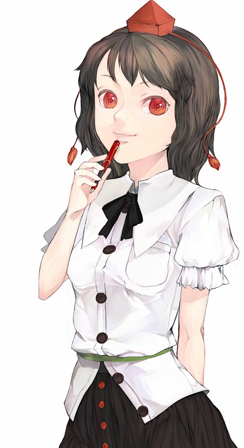xero, shameimaru aya, touhou, 1girl, female focus, hat, lips, pen, smile, solo
