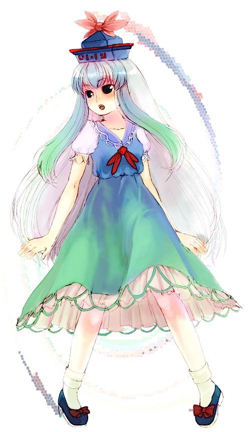 xero, kamishirasawa keine, touhou, 1girl, blue hair, dress, female focus, full body, green dress, hat, looking to the side, pigeon-toed, puffy short sleeves, puffy sleeves, red eyes, short sleeves, simple background, solo, standing, tate eboshi, white background