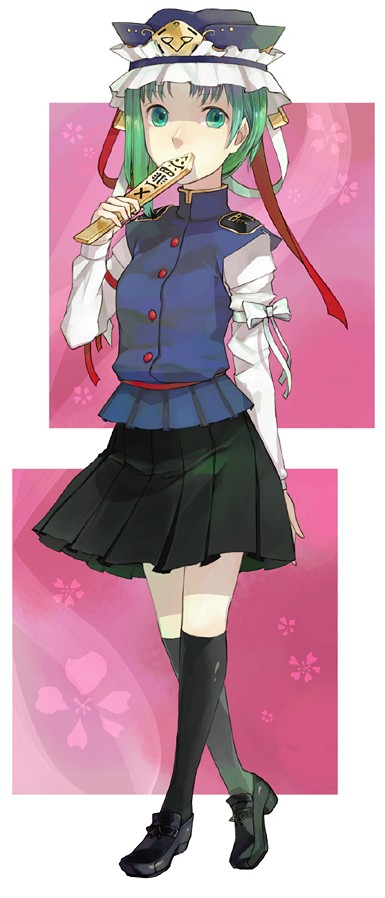 xero, shiki eiki, touhou, 1girl, female focus, green eyes, kneehighs, pleated skirt, rod of remorse, skirt, socks, solo