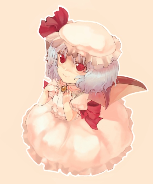 xero, remilia scarlet, touhou, 1girl, bat wings, blue hair, dress, female focus, hat, hat ribbon, jewelry, pink background, pink dress, puffy sleeves, red eyes, ribbon, sash, short sleeves, solo, wings