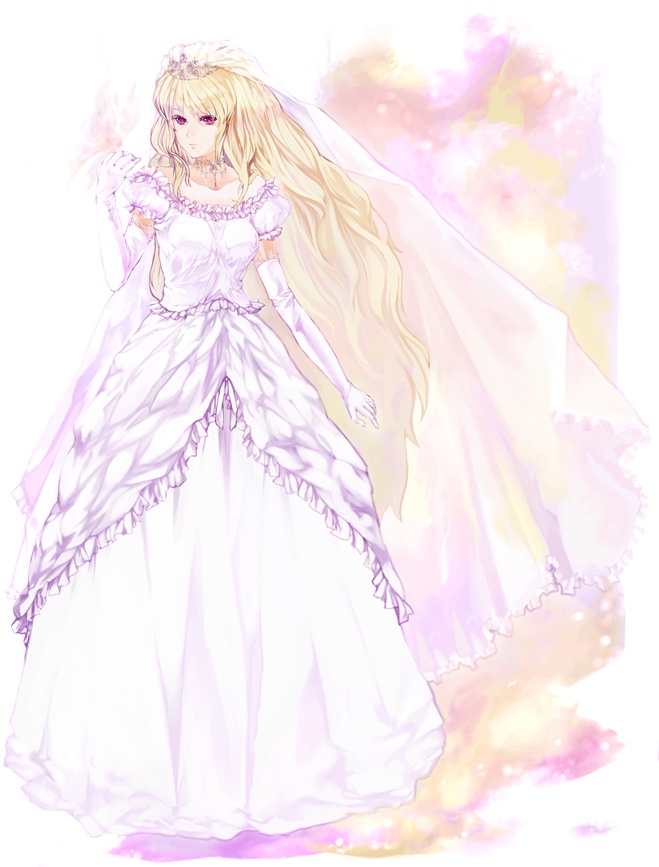 xero, yakumo yukari, touhou, 1girl, blonde hair, bride, dress, elbow gloves, female focus, gloves, gradient background, long hair, red eyes, solo, wedding dress, white background