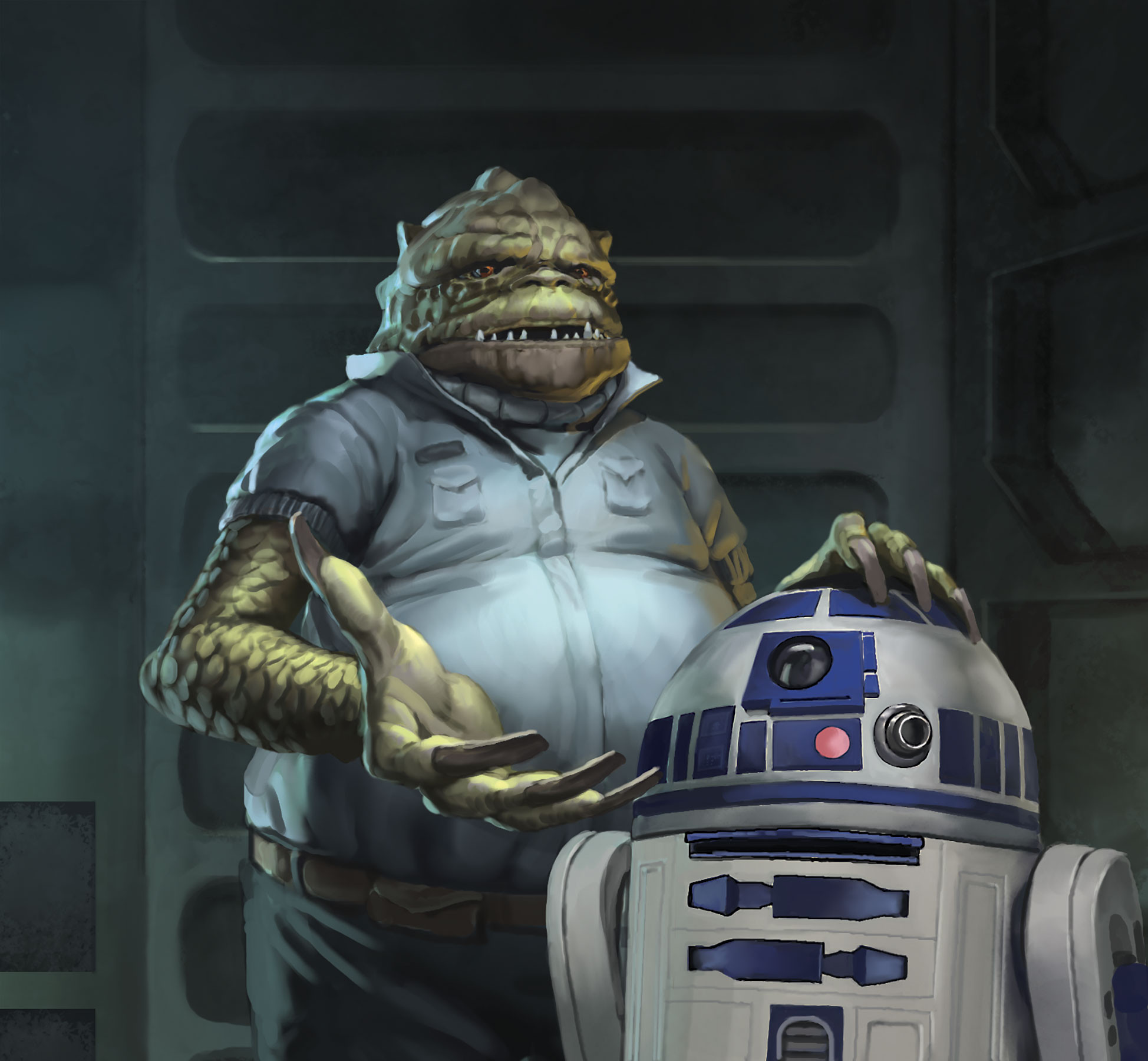 javier charro, astromech droid, r2-d2, star wars, highres, 1boy, alien, belt, black pants, blue shirt, brown belt, colored skin, fat, gha nachkt, green skin, indoors, looking at viewer, pants, reptile boy, robot, shirt, short sleeves, trandoshan