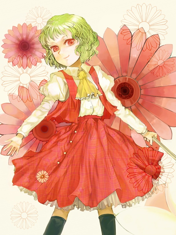 xero, kazami yuuka, touhou, 1girl, ascot, black socks, female focus, flower, green hair, kneehighs, outstretched arms, plaid clothes, plaid skirt, plaid vest, red eyes, short hair, skirt, skirt set, smile, socks, solo, spread arms, umbrella, vest
