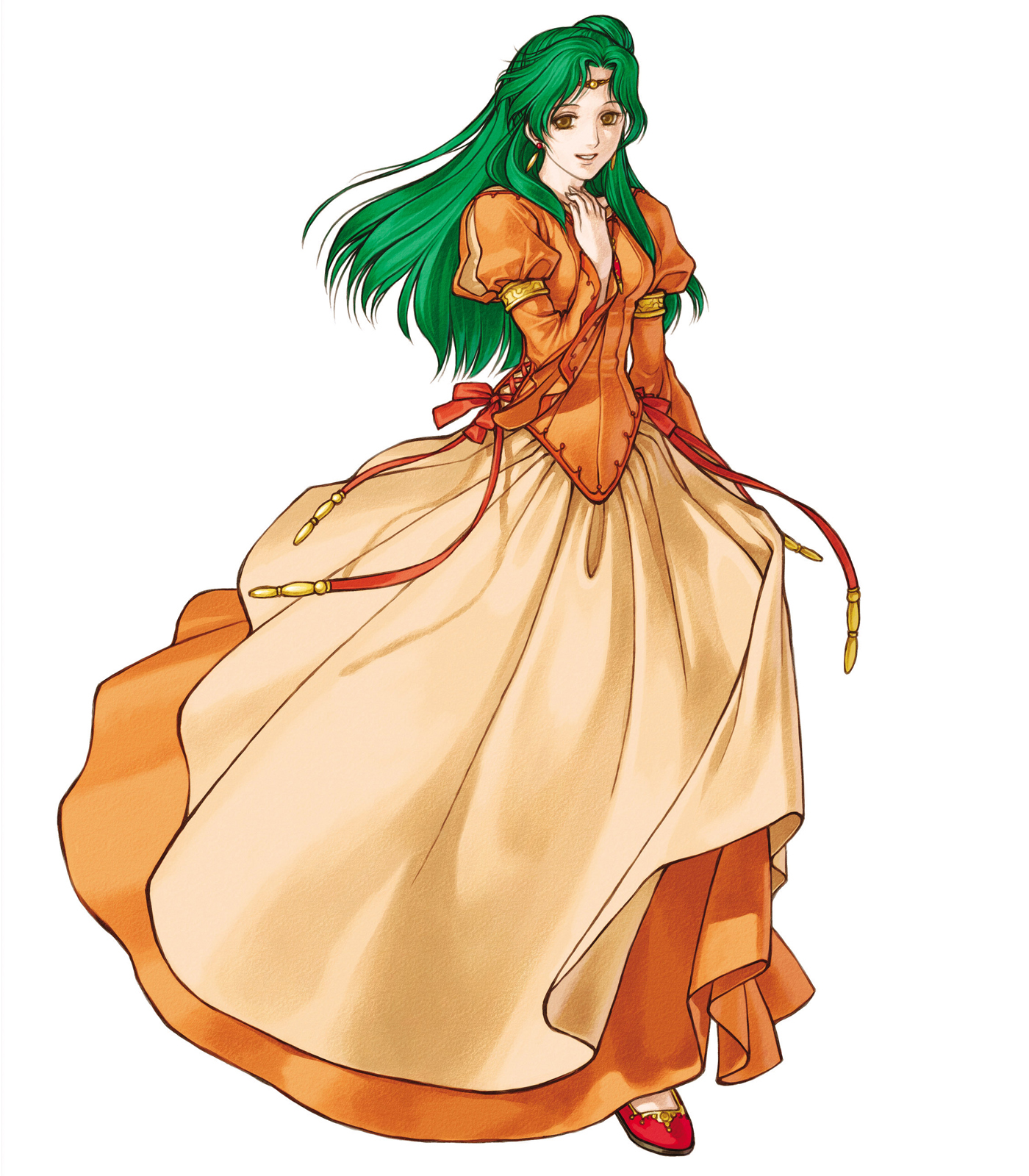 kita senri, elincia ridell crimea, fire emblem, fire emblem: path of radiance, nintendo, highres, official art, 1girl, brown eyes, dress, earrings, female focus, green hair, hair bun, half updo, jewelry, long hair, orange dress, princess, simple background, solo, white background