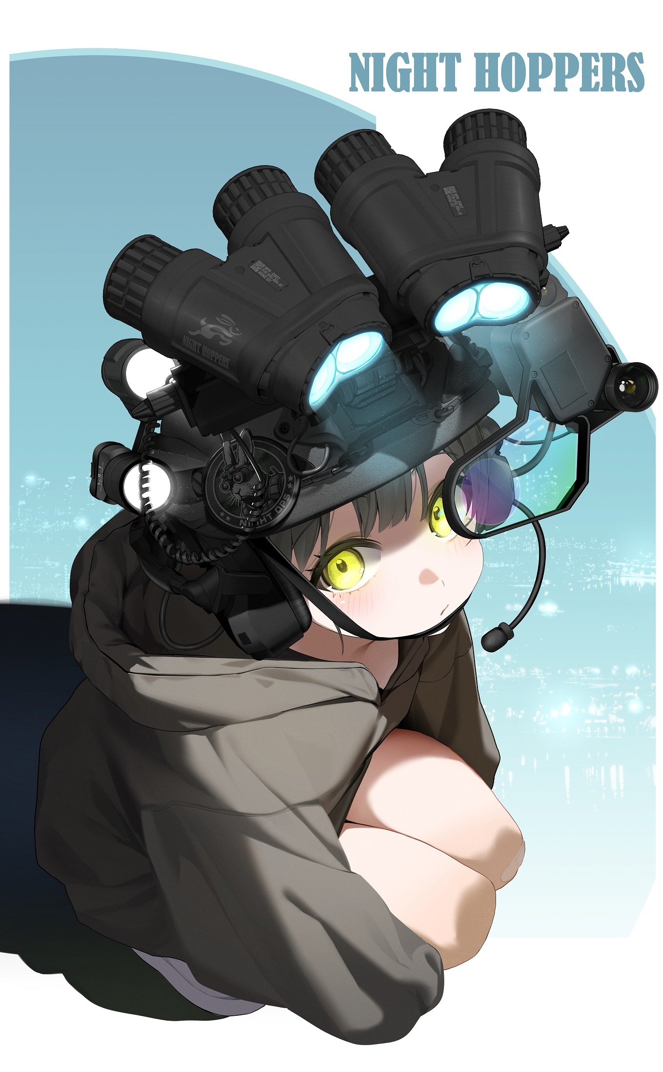 nine (kanine41), original, commentary, highres, symbol-only commentary, 1girl, black hair, black hoodie, closed mouth, english text, flashlight, headphones, helmet, hood, hood down, hoodie, long sleeves, looking at viewer, microphone, shoes, short hair, sitting, sneakers, solo, white shoes, yellow eyes