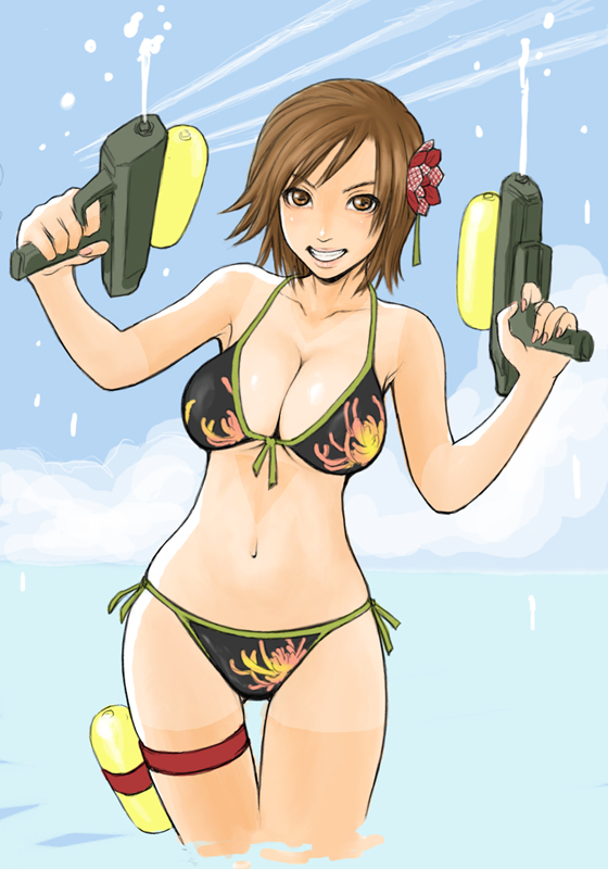 hawk (artist), hawk (cwmg), kazama asuka, namco, tekken, tekken 5 (dark resurrection), 1girl, bikini, breasts, brown eyes, brown hair, cleavage, cloud, contrail, day, female focus, floral print, flower, front-tie top, grin, hair flower, hair ornament, halterneck, large breasts, looking at viewer, outdoors, shirt tan, short hair, shorts tan, side-tie bikini bottom, smile, solo, string bikini, swimsuit, tan, tanline, thigh gap, wading, water gun