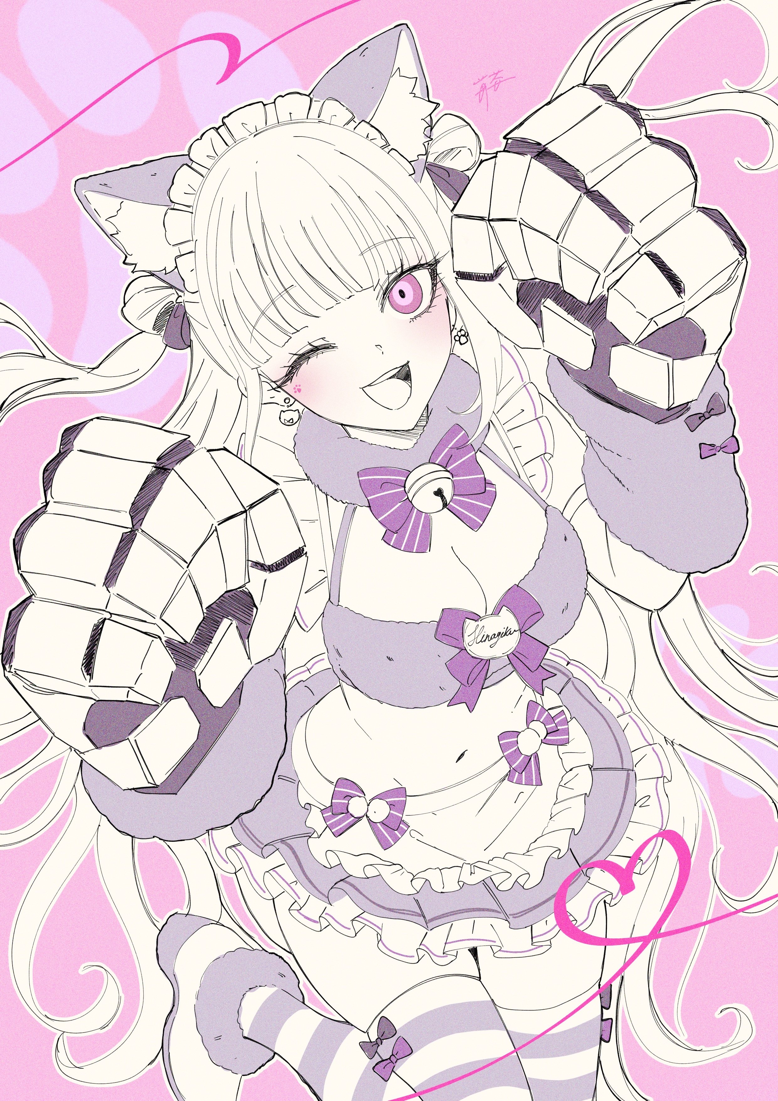 hira icigocha, akiba hinagiku, tribe nine, absurdres, hashtag-only commentary, highres, 1girl, animal ears, apron, bell, bow, breasts, cat ears, cleavage, earrings, facial mark, frilled skirt, frills, from above, gauntlets, hair ribbon, heart, jewelry, large breasts, long hair, midriff, navel, one eye closed, paw pose, paw print, pink eyes, purple bow, ribbon, skirt, smile, solo, striped clothes, striped thighhighs, teeth, thighhighs, two side up, upper teeth only