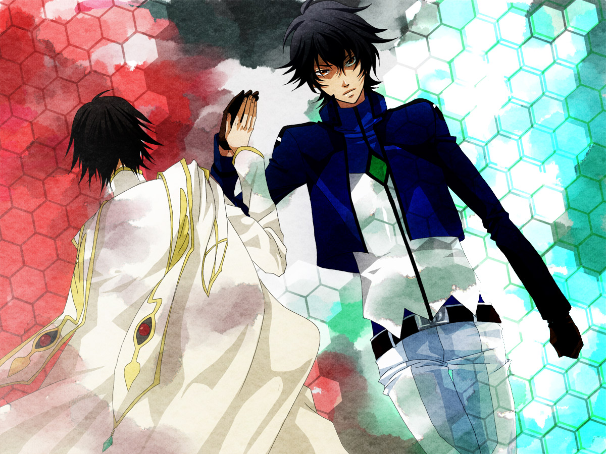kamu (camui), lelouch vi britannia, setsuna f. seiei, code geass, gundam, gundam 00, bad id, bad pixiv id, 00s, 2boys, black hair, crossover, from behind, long sleeves, looking at viewer, military, military uniform, multiple boys, robe, standing