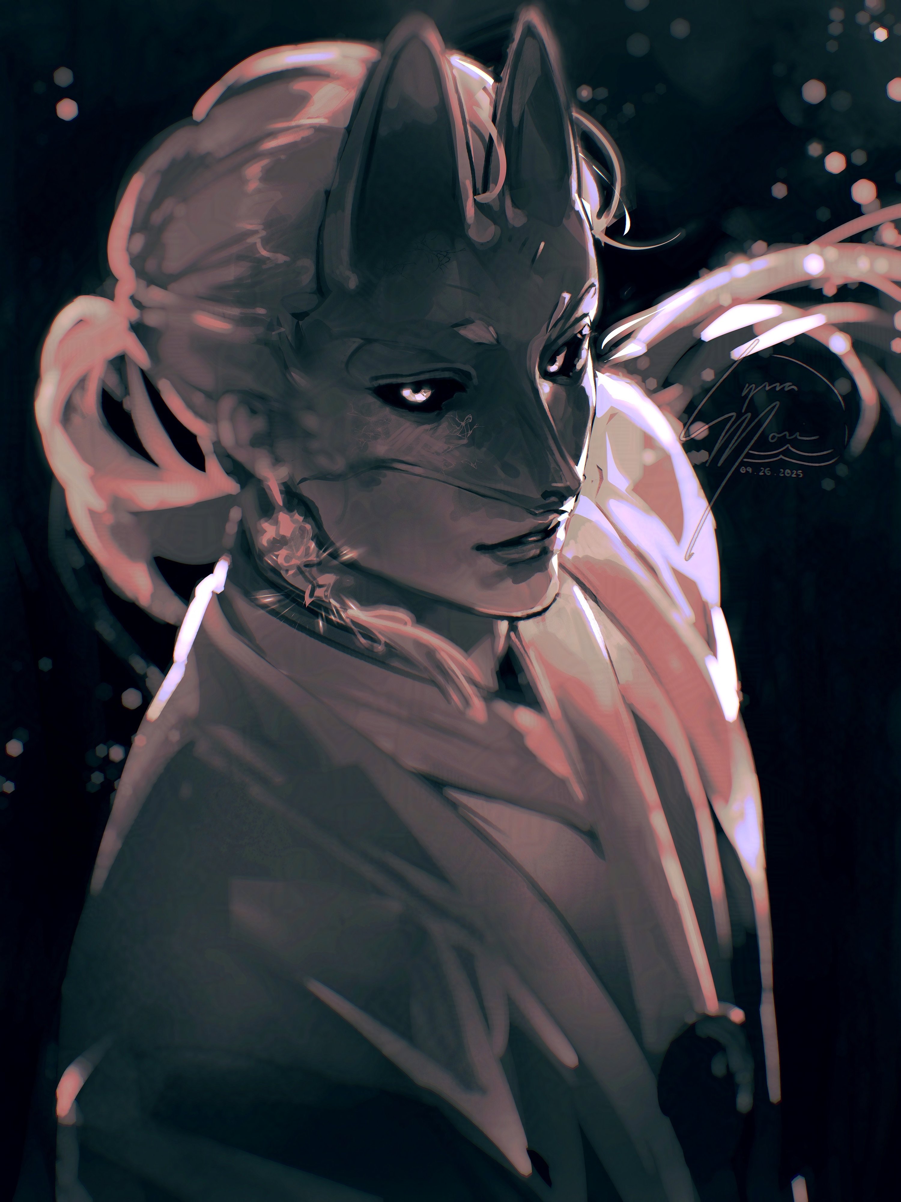 lyrramori, fox mask (silent hill), silent hill (series), silent hill f, absurdres, commentary, english commentary, highres, 1boy, floating hair, fox mask, greyscale, japanese clothes, kimono, lips, looking at viewer, male focus, mask, monochrome, parted lips, ponytail, solo, upper body, watermark