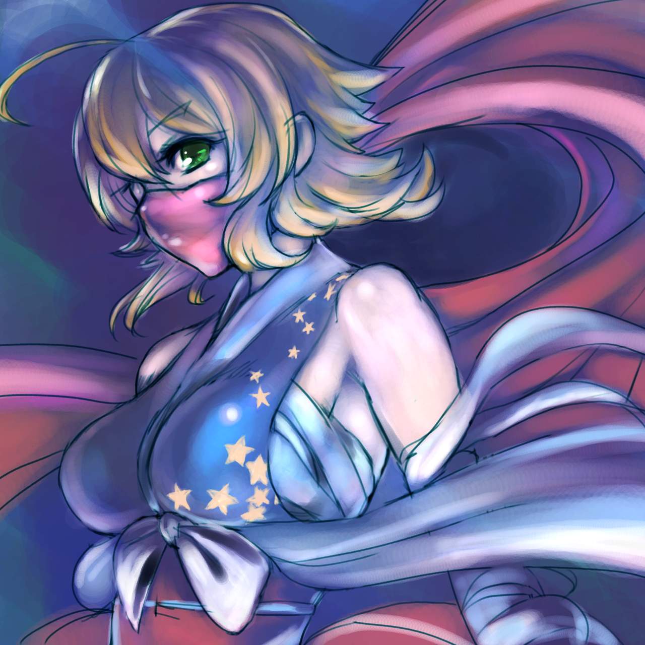tori kaku, touhai tenshi, bad id, bad pixiv id, highres, 1girl, ahoge, armpits, bare shoulders, blonde hair, breasts, female focus, green eyes, mask, ninja, ribbon, short hair, solo, star (symbol)