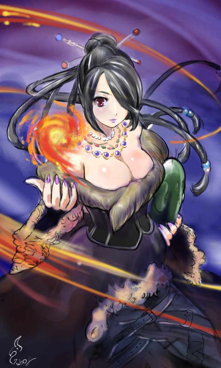 tori kaku, touhai tenshi, lulu (ff10), sabotender, final fantasy, final fantasy x, fur, bad id, bad pixiv id, highres, 00s, 1girl, belt, black hair, breasts, cleavage, dress, eyeshadow, female focus, fire, hair ornament, hair over one eye, jewelry, large breasts, lipstick, long hair, magic, makeup, nail polish, necklace, purple nails, red eyes, solo, strapless, strapless dress