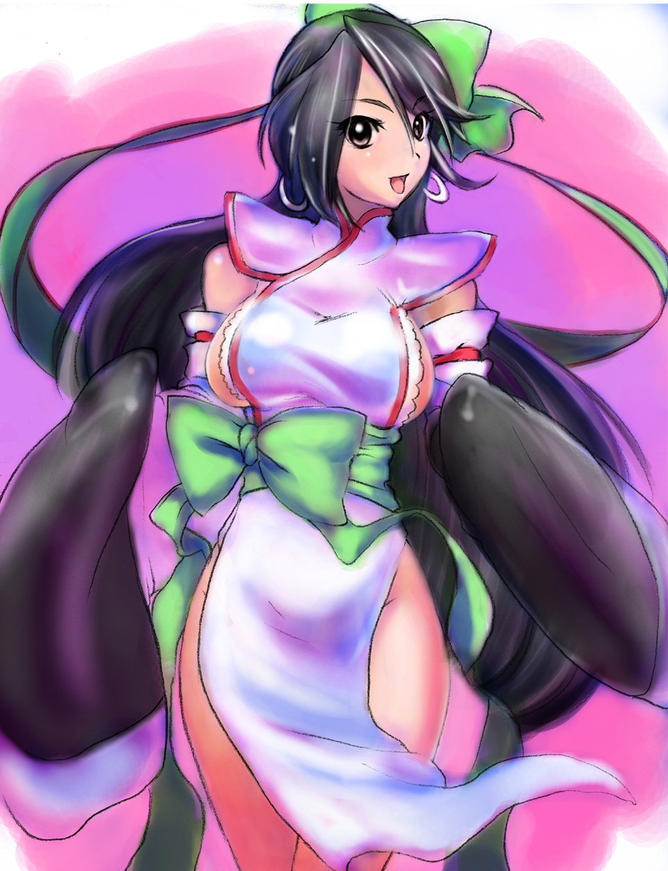 tori kaku, touhai tenshi, bad id, bad pixiv id, highres, 1girl, black hair, bow, breasts, china dress, chinese clothes, detached sleeves, dress, earrings, female focus, happy, jewelry, large breasts, long hair, no panties, open mouth, sideboob, smile, solo, standing, very long hair