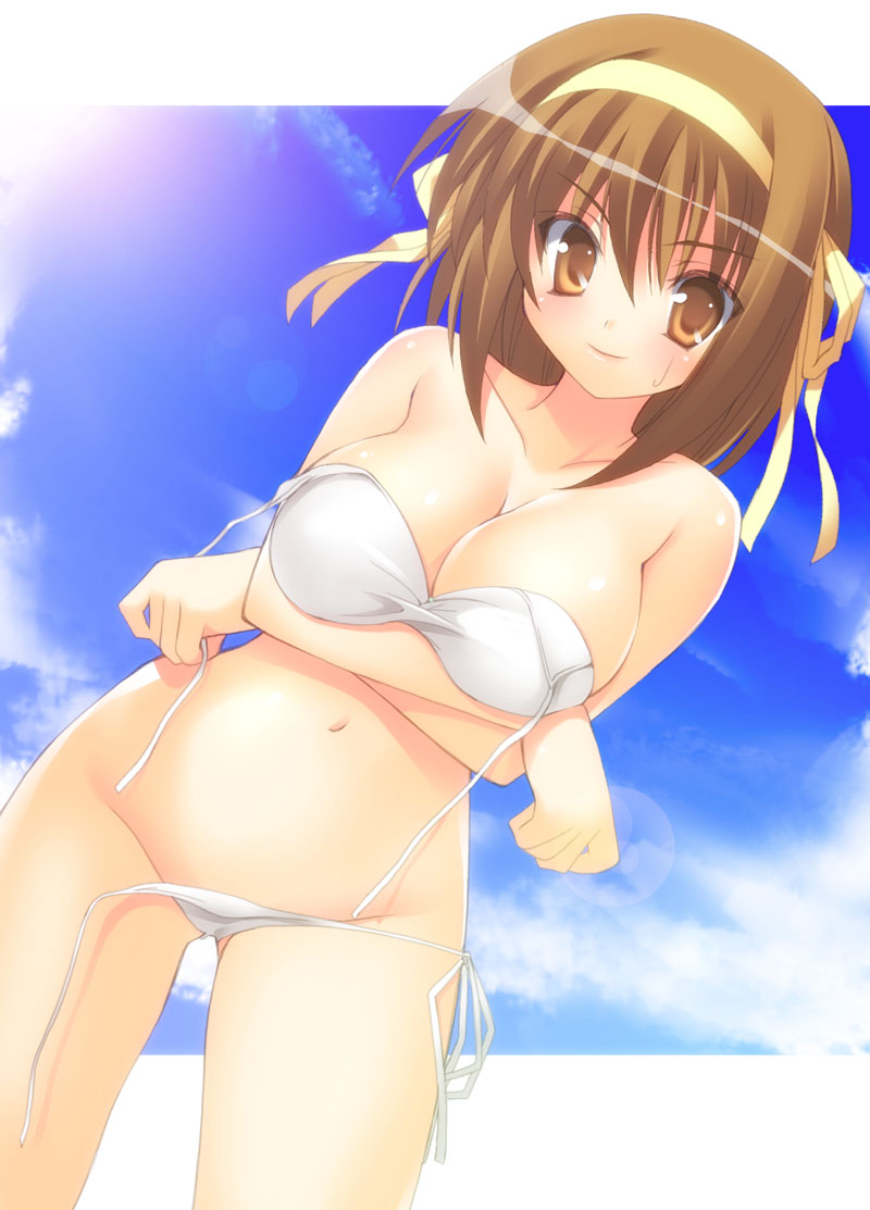 takeda aranobu, suzumiya haruhi, suzumiya haruhi no yuuutsu, untied, 00s, 1girl, bikini, breasts, day, female focus, groin, large breasts, side-tie bikini bottom, solo, swimsuit, wardrobe malfunction, white bikini