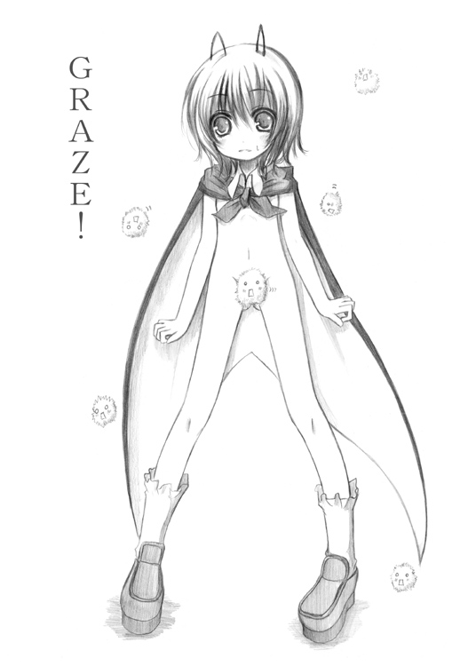 kurona, kedama (touhou), wriggle nightbug, touhou, bad id, bad pixiv id, 1girl, antennae, bad anatomy, cape, female focus, full body, greyscale, monochrome, naked cape, nude, shoes, short hair, socks, solo, white background