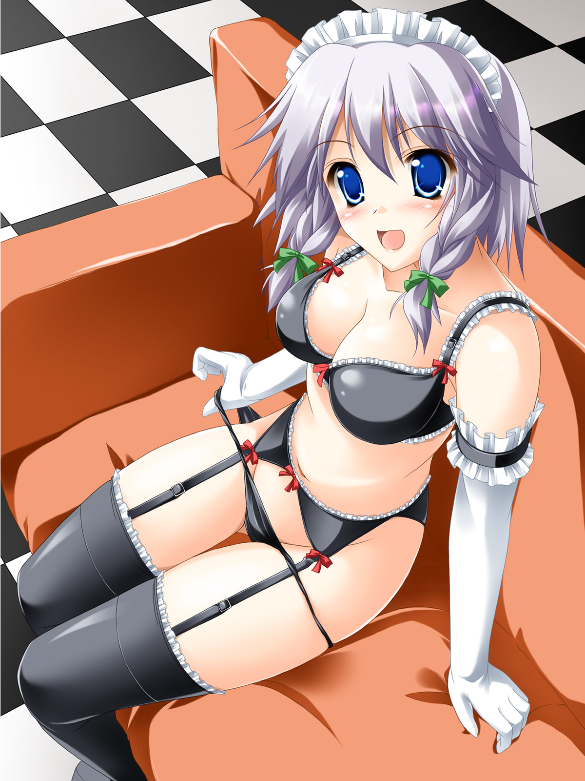 kamiya tomoe, izayoi sakuya, touhou, silver hair, highres, 1girl, arm garter, black panties, blue eyes, blush, braid, breasts, cleavage, couch, elbow gloves, female focus, garter belt, gloves, large breasts, lingerie, panties, panty pull, ribbon, solo, thighhighs, twin braids, underwear
