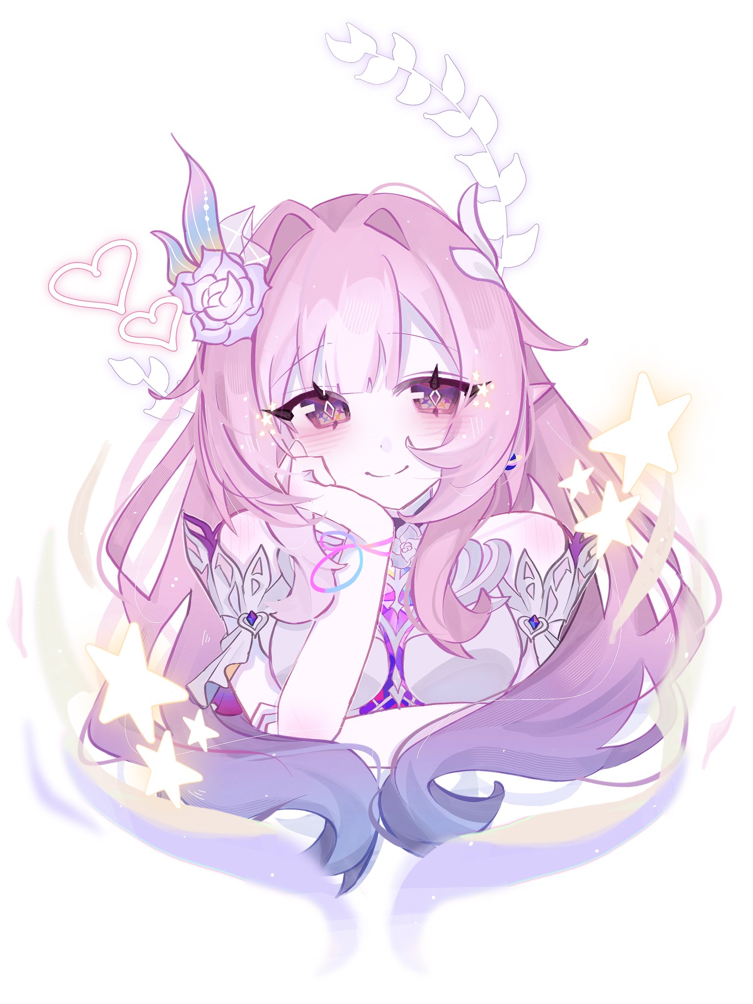cyrene (honkai: star rail), cyrene (ripples of past reverie) (honkai: star rail), honkai: star rail, honkai (series), commentary, highres, symbol-only commentary, 1girl, bare shoulders, breasts, cropped torso, diamond-shaped pupils, diamond (shape), dress, flower, hair flower, hair ornament, halo, large breasts, long hair, looking at viewer, pink hair, pointy ears, purple eyes, ruberri 00, simple background, smile, solo, symbol-shaped pupils, very long hair, white background, white dress