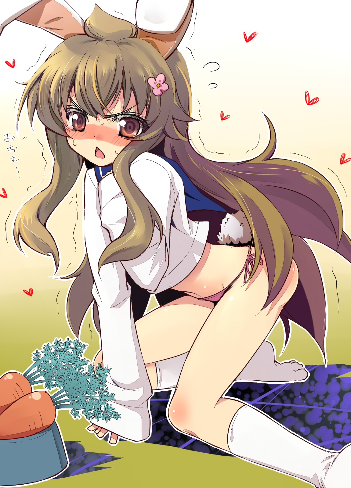 osa (osaosa), minami chiaki, minami-ke, highres, 00s, 1girl, ahoge, all fours, animal ears, brown eyes, brown hair, carrot, chestnut mouth, female focus, heart, kneehighs, long hair, panties, rabbit ears, rabbit tail, side-tie panties, socks, solo, tail, underwear