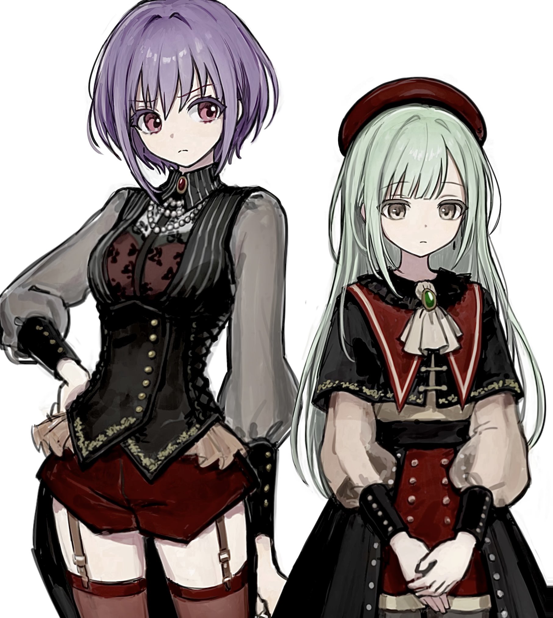 jangwa o, amoris (bang dream!), mortis (bang dream!), mortis (costume) (bang dream!), wakaba mutsumi, yuutenji nyamu, bang dream!, bang dream! it's mygo!!!!!, commentary, highres, 2girls, ascot, bead necklace, beads, beret, black capelet, black corset, black skirt, brooch, capelet, closed mouth, corset, cowboy shot, earrings, garter straps, green hair, grey shirt, hand on own hip, hat, jewelry, long hair, long sleeves, multiple girls, necklace, pink eyes, purple hair, red hat, red shorts, red thighhighs, shirt, short hair, shorts, shorts under skirt, showgirl skirt, sidelocks, simple background, skirt, thighhighs, white ascot, white background