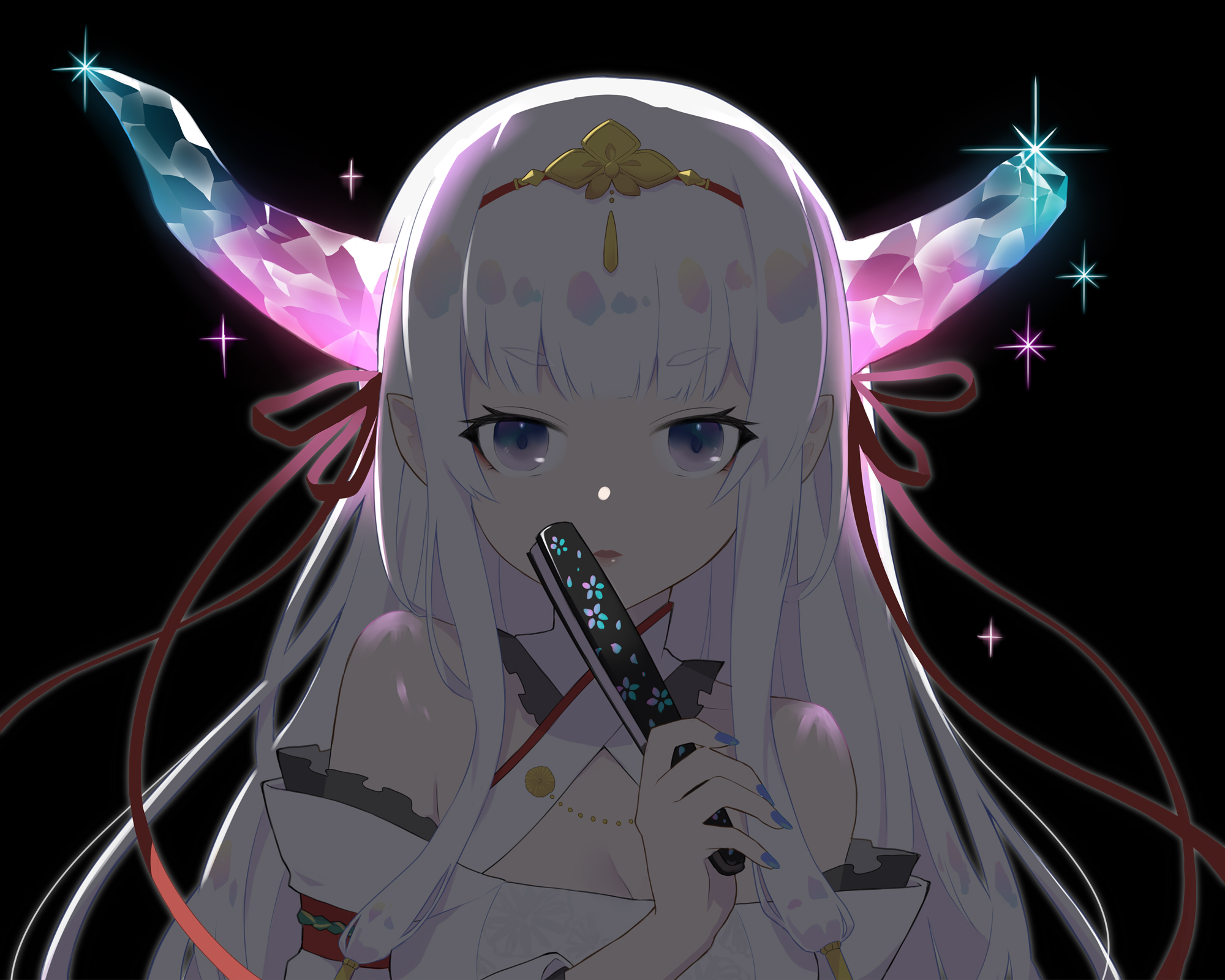 ahase hino, original, commentary request, highres, 1girl, backlighting, black background, blue nails, breasts, broken horn, cleavage, fingernails, gem, gradient horns, hand fan, holding, holding fan, horns, long hair, looking at viewer, multicolored horns, nail polish, pointy ears, purple eyes, red ribbon, ribbon, sidelocks, solo, sparkle, white hair