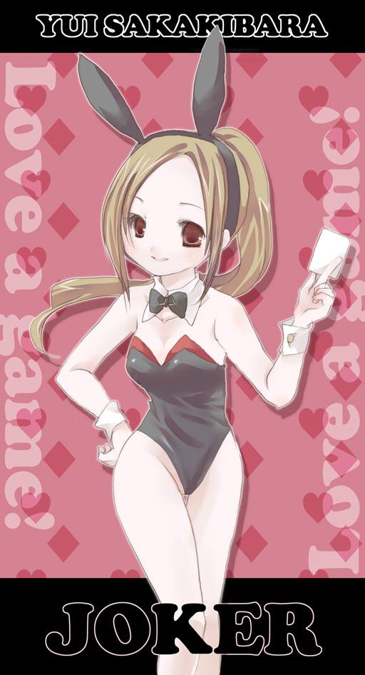 hiyo (pink savon), sakakibara yui, real life, bad id, bad pixiv id, 1girl, animal ears, animification, bare legs, brown eyes, brown hair, card, fake animal ears, female focus, holding, holding card, playboy bunny, ponytail, rabbit ears, solo