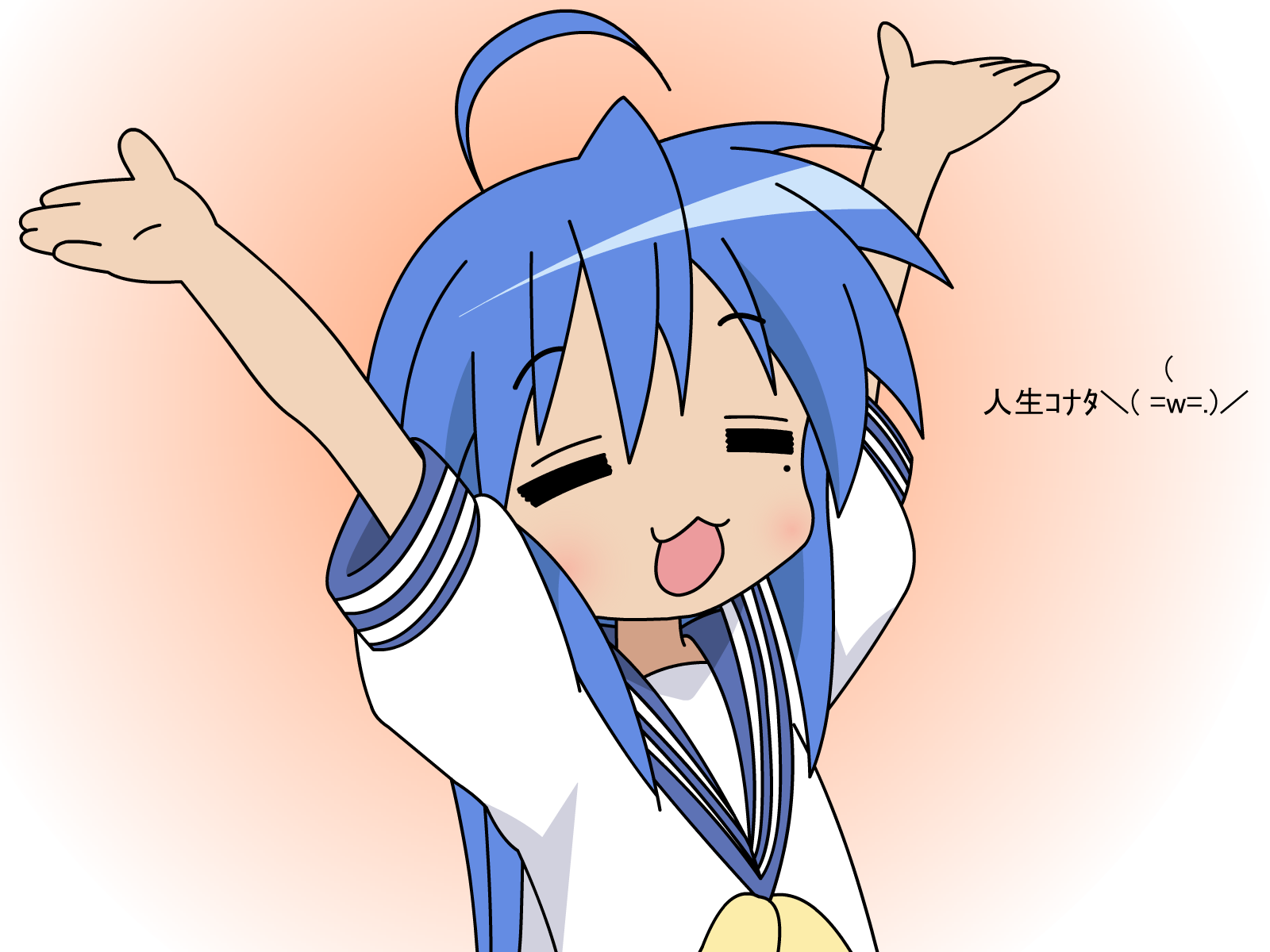 izumi konata, lucky star, derivative work, highres, non-web source, translated, vector trace, 00s, 1girl, ahoge, arms up, blue hair, female focus, long hair, mole, mole under eye, school uniform, serafuku, solo