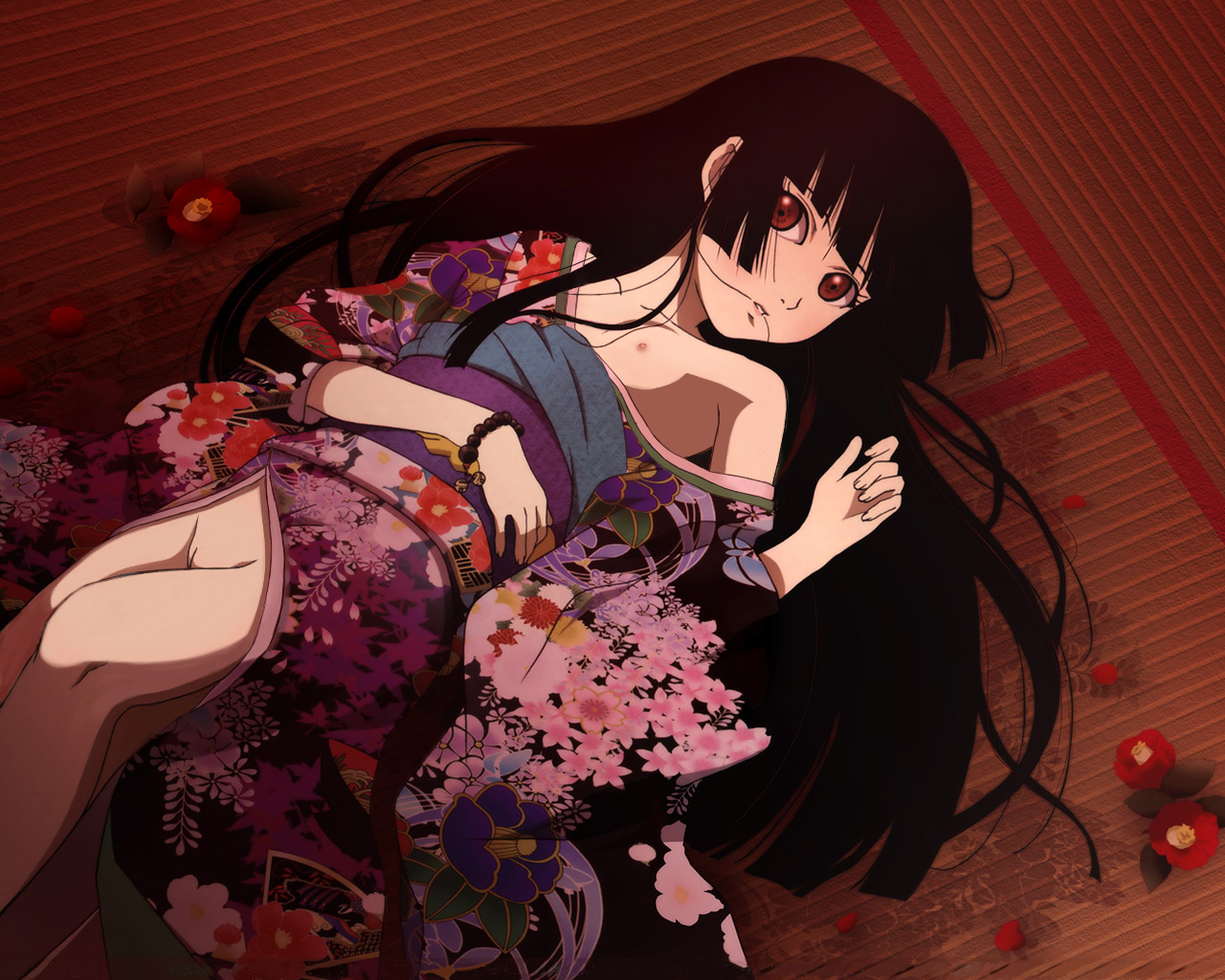 enma ai, jigoku shoujo, nude filter, third-party edit, 00s, 1girl, black hair, blunt bangs, bracelet, cleft of venus, female focus, fingernails, flat chest, flower, groin, hair in own mouth, hime cut, indoors, japanese clothes, jewelry, kimono, legs, loli, looking at viewer, lying, nipples, on back, parted lips, pussy, red eyes, small nipples, solo, uncensored