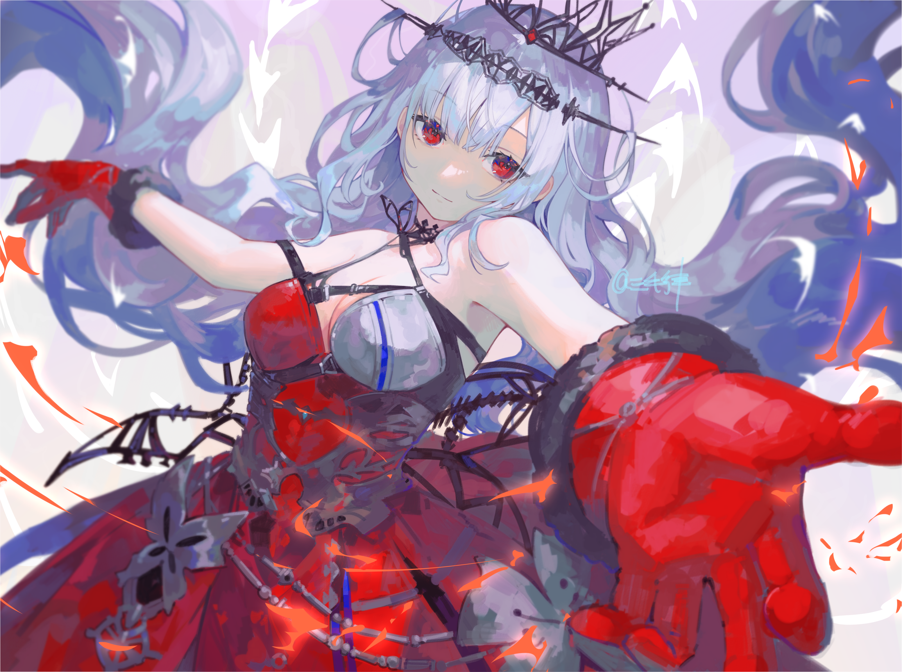 miike (992058), skadi (arknights), skadi the corrupting heart (arknights), skadi the corrupting heart (red countess) (arknights), arknights, commentary, highres, symbol-only commentary, 1girl, armband, bare arms, bare shoulders, black armband, blunt bangs, breasts, butterfly ornament, cleavage, cowboy shot, crown, dress, fish, floating hair, foreshortening, from side, gloves, grey hair, halterneck, hands up, head tilt, long hair, looking at viewer, low twintails, medium breasts, open hand, outstretched arms, reaching, reaching towards viewer, red dress, red eyes, red gloves, sidelocks, signature, simple fish, sleeveless, sleeveless dress, solo, tiara, twintails, very long hair