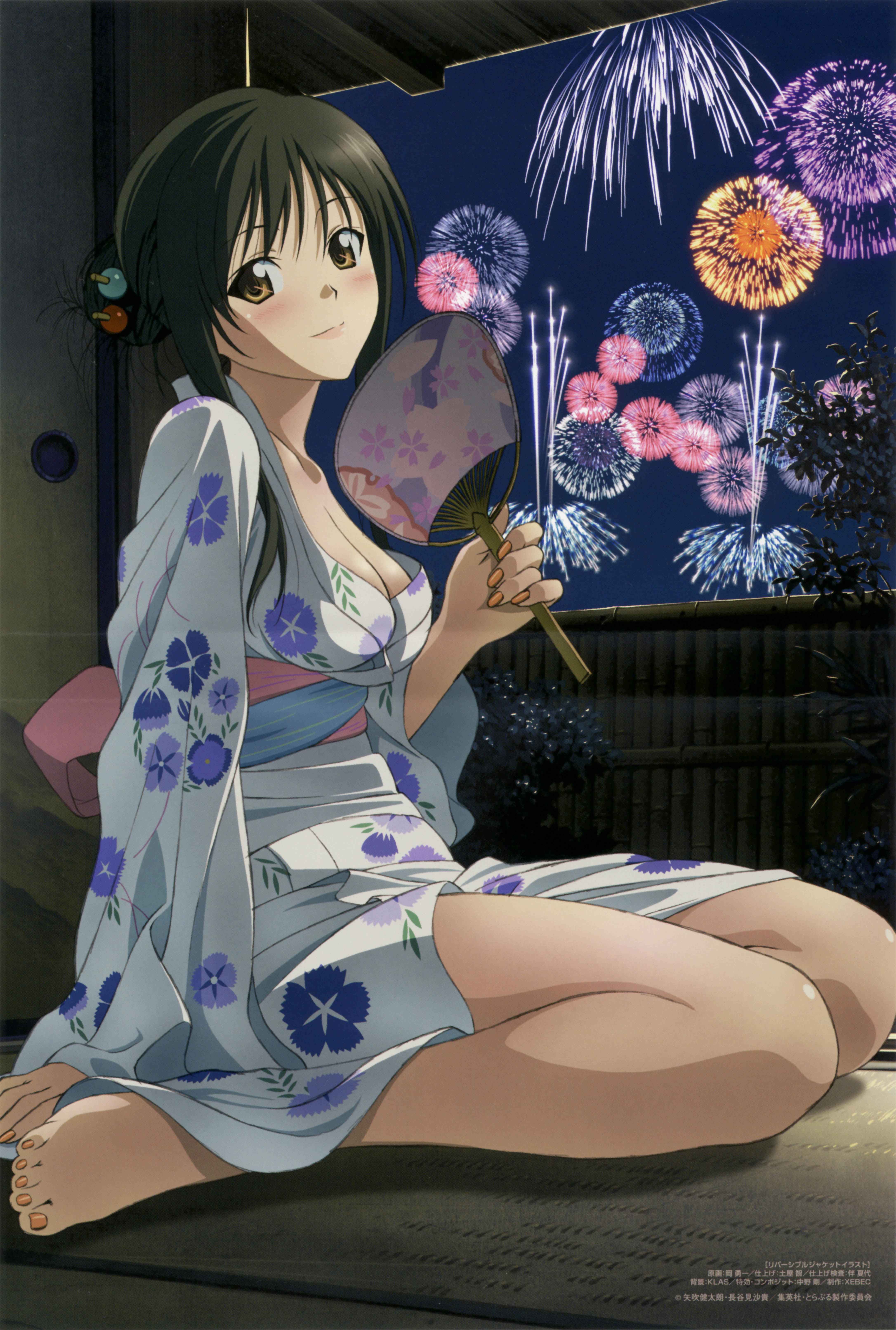 oka yuuichi, kotegawa yui, to love-ru, absurdres, highres, non-web source, official art, scan, scan artifacts, 00s, 1girl, aerial fireworks, barefoot, black hair, blush, breasts, brown eyes, cleavage, female focus, fireworks, hand fan, japanese clothes, kimono, looking at viewer, nail polish, night, orange nails, paper fan, sitting, solo, tatami, toenail polish, toenails, uchiwa, yukata