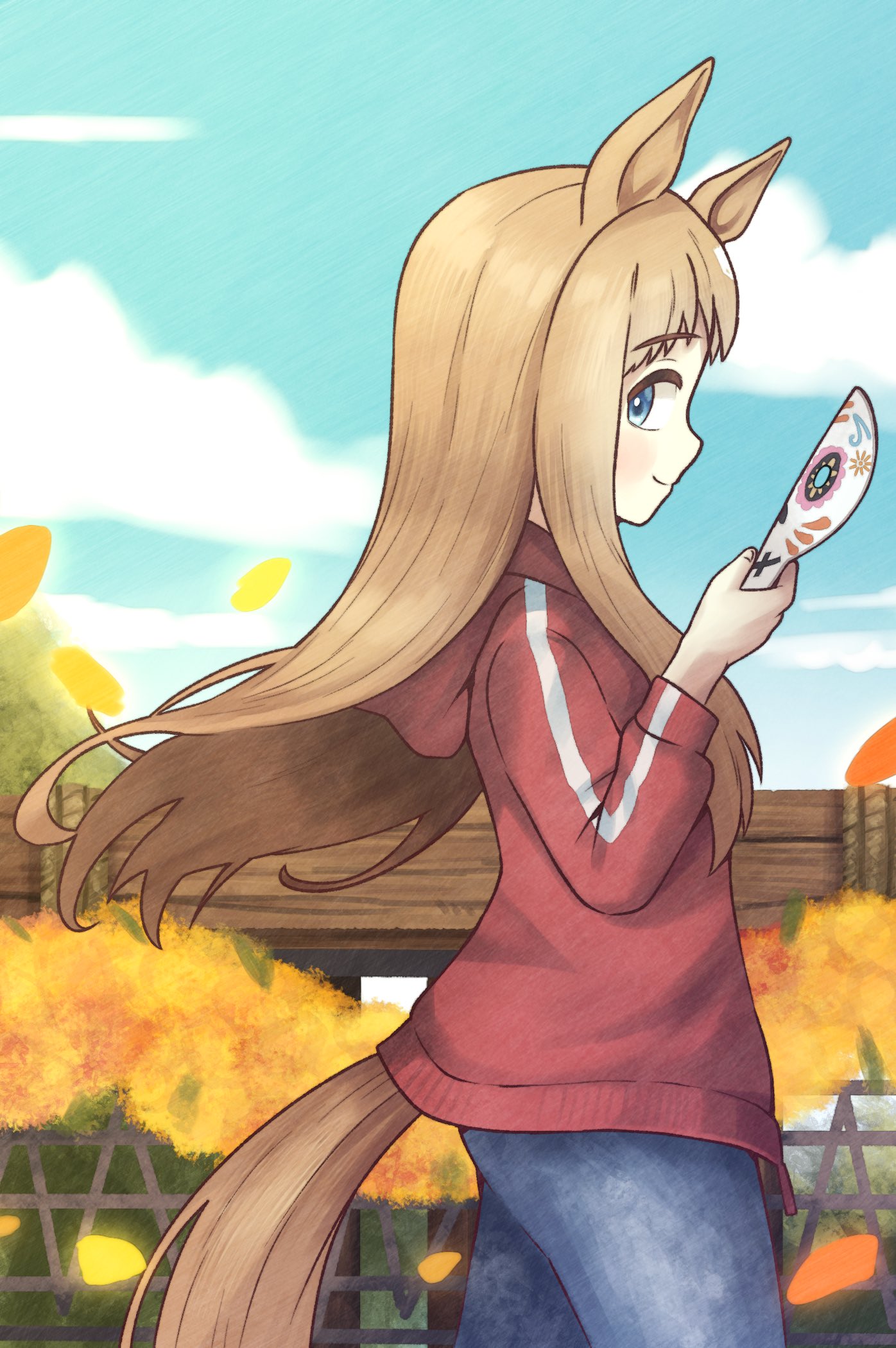 beta 2, grass wonder (umamusume), umamusume, highres, 1girl, animal ears, autumn leaves, blue eyes, blue pants, blue sky, blush, brown hair, closed mouth, cloud, from side, holding, holding mask, hood, hooded jacket, horse ears, horse girl, horse tail, jacket, leaf, long hair, long sleeves, mask, multicolored hair, outdoors, pants, red jacket, sky, smile, solo, tail, white hair