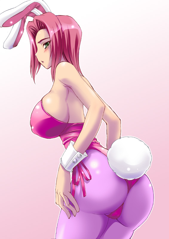 shiruko (inosin), kouzuki kallen, code geass, 00s, 1girl, animal ears, ass, backboob, blue eyes, breasts, cowboy shot, fake animal ears, female focus, huge breasts, narrow waist, outline, pantyhose, pink background, pink pantyhose, pink theme, playboy bunny, rabbit ears, rabbit tail, red hair, short hair, sideboob, solo, tail, wrist cuffs