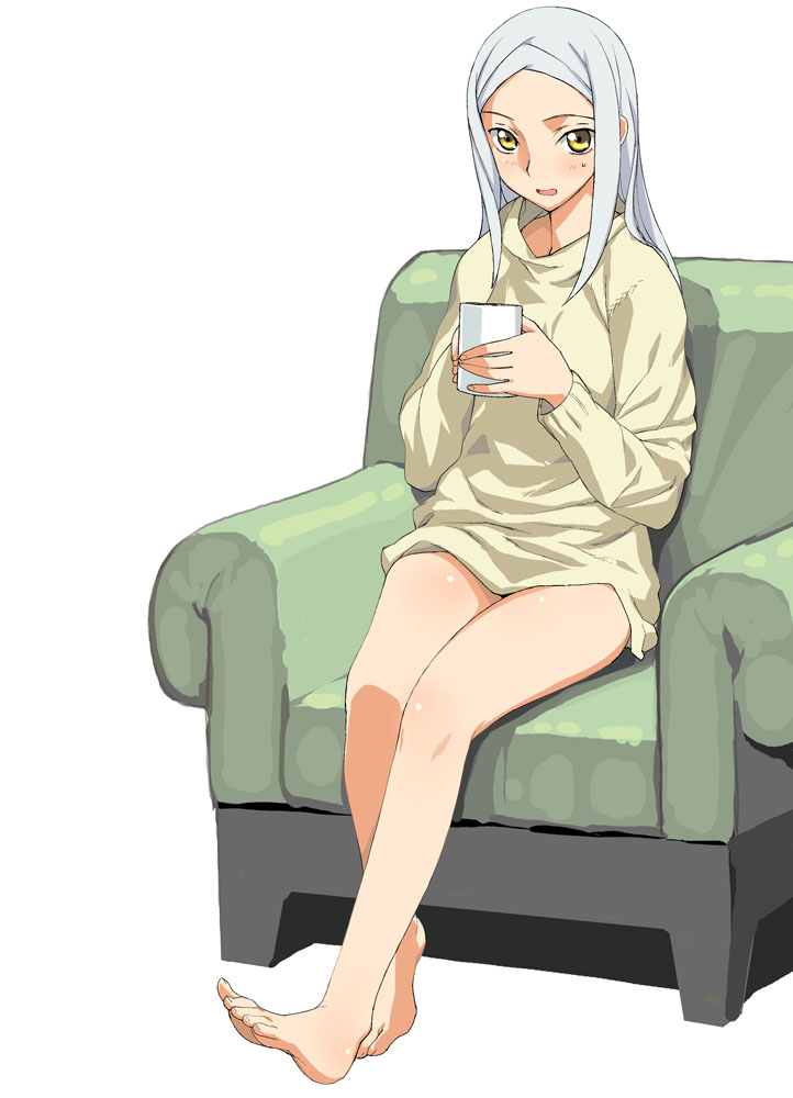 soma peries, gundam, gundam 00, a1, silver hair, barefoot, cup, feet, long hair, sitting, yellow eyes