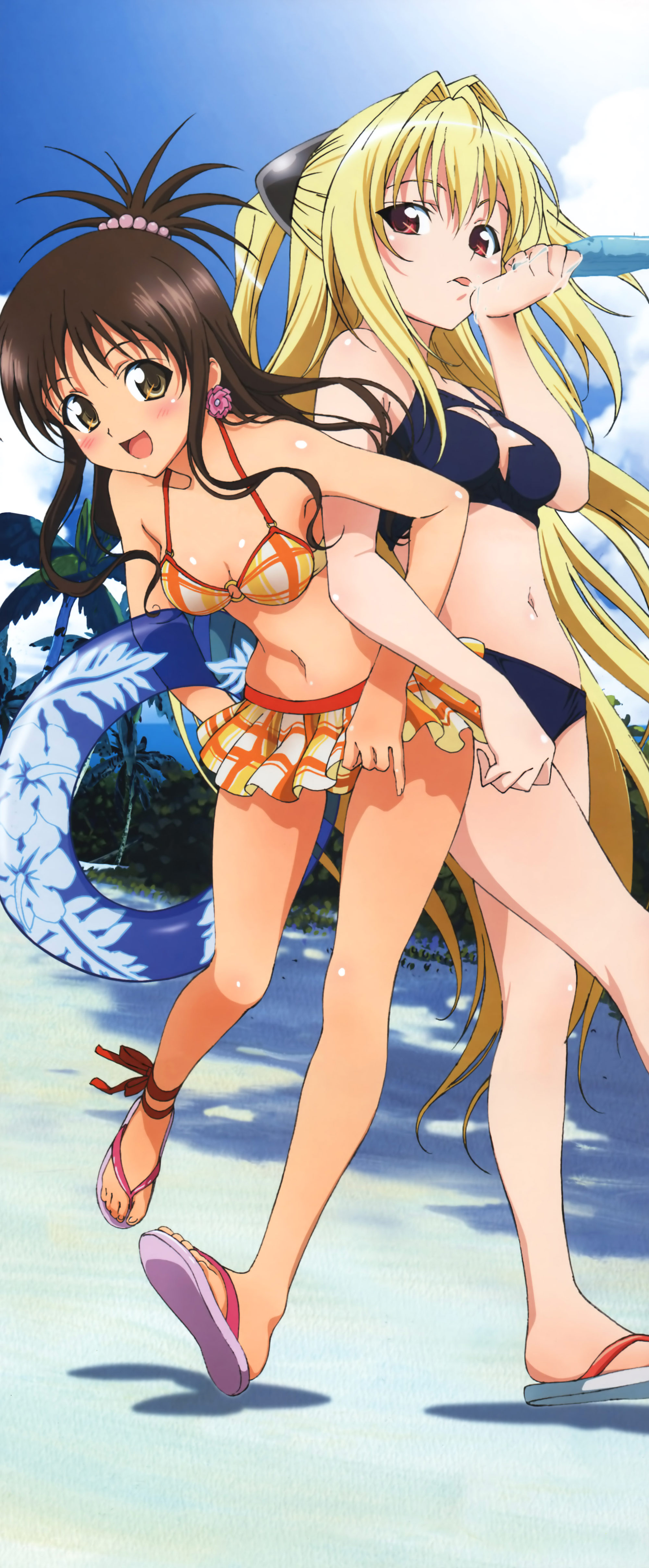 konjiki no yami, yuuki mikan, to love-ru, absurdres, highres, long image, non-web source, tall image, 00s, 2girls, ankle lace-up, ankle ribbon, anklet, beach, bikini, blonde hair, brown eyes, brown hair, day, flip-flops, food, ice cream, innertube, jewelry, leg ribbon, long hair, multiple girls, outdoors, ponytail, red eyes, ribbon, sandals, swim ring, swimsuit