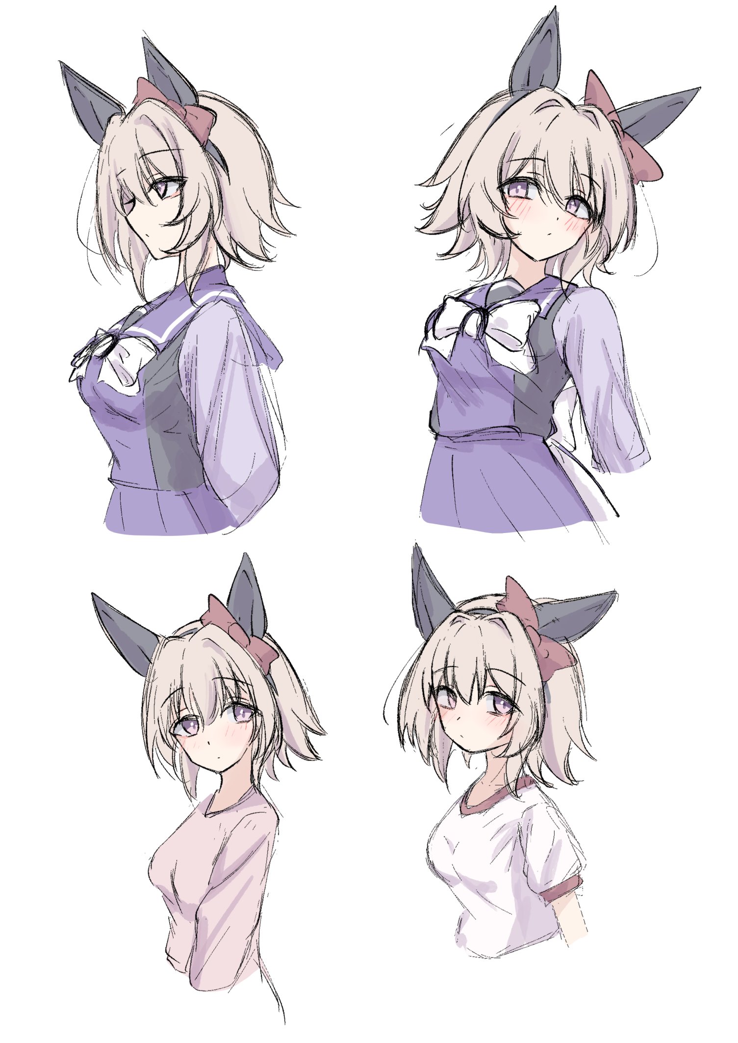 tofu thunder, curren chan (umamusume), umamusume, highres, 1girl, animal ears, blush, bow, breasts, closed mouth, ear bow, ear covers, grey hair, gym shirt, hair between eyes, horse ears, horse girl, long sleeves, looking at viewer, medium breasts, pink sweater, purple eyes, purple sailor collar, purple shirt, purple skirt, red bow, sailor collar, sailor shirt, school uniform, shirt, short hair, short sleeves, simple background, skirt, sweater, tracen school uniform, tracen training uniform, upper body, white background, white bow, white shirt