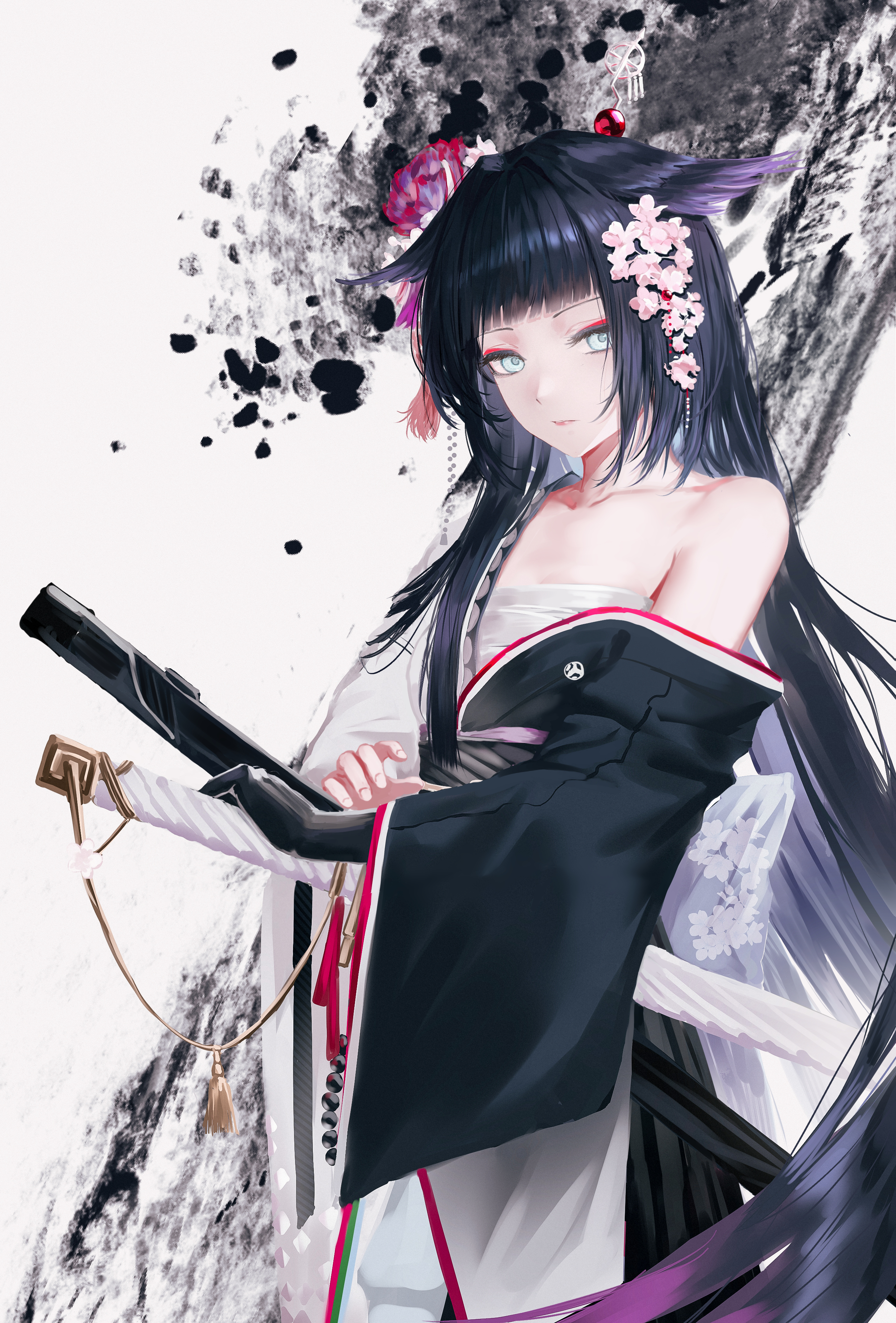 ressec, mio (arknights), arknights, absurdres, highres, 1girl, back bow, black gloves, black hair, black kimono, blue eyes, blunt bangs, bow, chest sarashi, collarbone, cowboy shot, expressionless, eyeshadow, feather hair, flower, gloves, hair flower, hair ornament, ink, japanese clothes, kimono, long hair, long sleeves, looking at viewer, makeup, off shoulder, parted lips, pink flower, red eyeshadow, red flower, sarashi, sheath, sheathed, simple background, single bare shoulder, single glove, solo, sword, tassel, very long hair, weapon, white background, white bow, wide sleeves