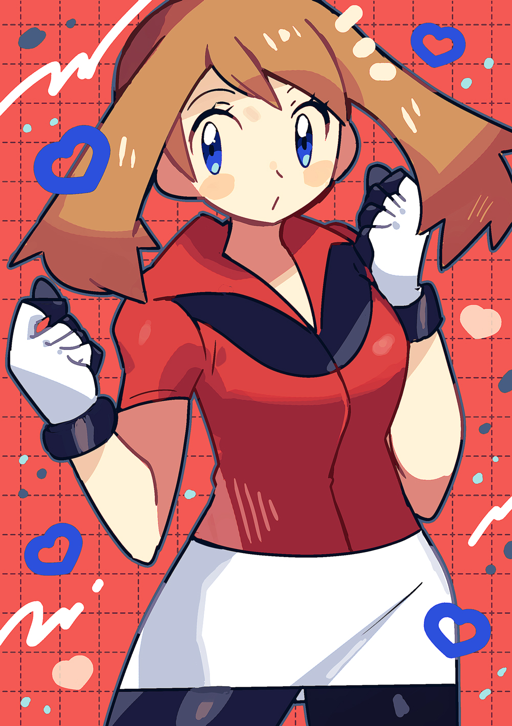 anidler91, may (pokemon), nintendo, pokemon, pokemon rse, highres, 1girl, bandana, bike shorts, bike shorts under shorts, blue eyes, blush, breasts, brown hair, cowboy shot, fanny pack, gloves, heart, red bandana, red shirt, shirt, shorts, shorts under shorts, solo, white gloves