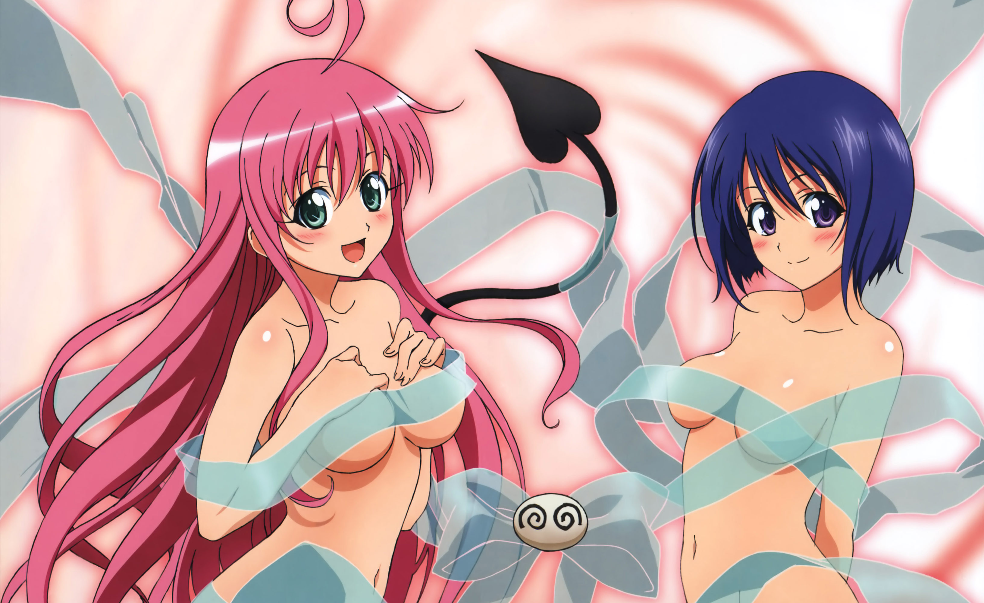 oka yuuichi, takami akio, lala satalin deviluke, peke (to love-ru), sairenji haruna, to love-ru, absurdres, highres, non-web source, 00s, 2girls, blue eyes, blue hair, blush, bow, breasts, censored, cleavage, convenient censoring, green eyes, loli, long hair, multiple girls, nude, pink hair, ribbon, short hair