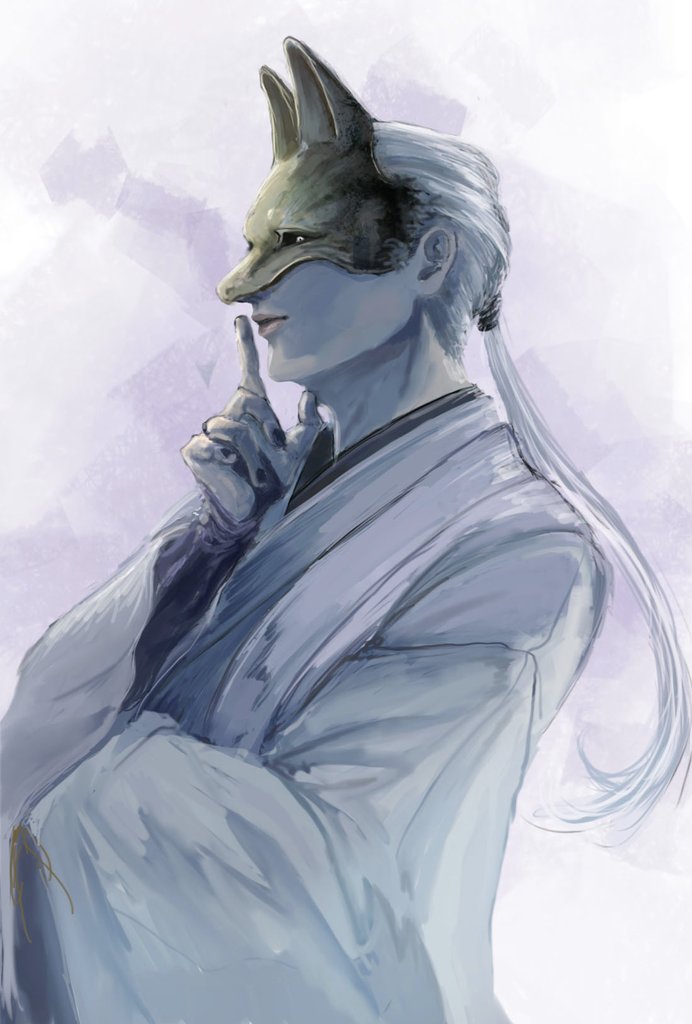 aka boguma, fox mask (silent hill), silent hill (series), silent hill f, commentary, 1boy, arm up, closed mouth, cowboy shot, finger to mouth, fox mask, from side, index finger raised, japanese clothes, kimono, layered sleeves, lips, long hair, long sleeves, male focus, mask, profile, solo, very long hair, white background, white hair, white kimono