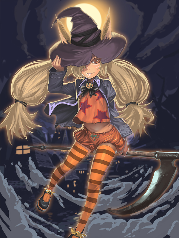 kichin yarou, original, 1girl, animal ears, blonde hair, bloomers, ears through headwear, female focus, flat chest, full moon, halloween, hat, long hair, long twintails, moon, orange bloomers, orange eyes, orange thighhighs, scythe, solo, striped clothes, striped thighhighs, thighhighs, twintails, underwear, witch hat