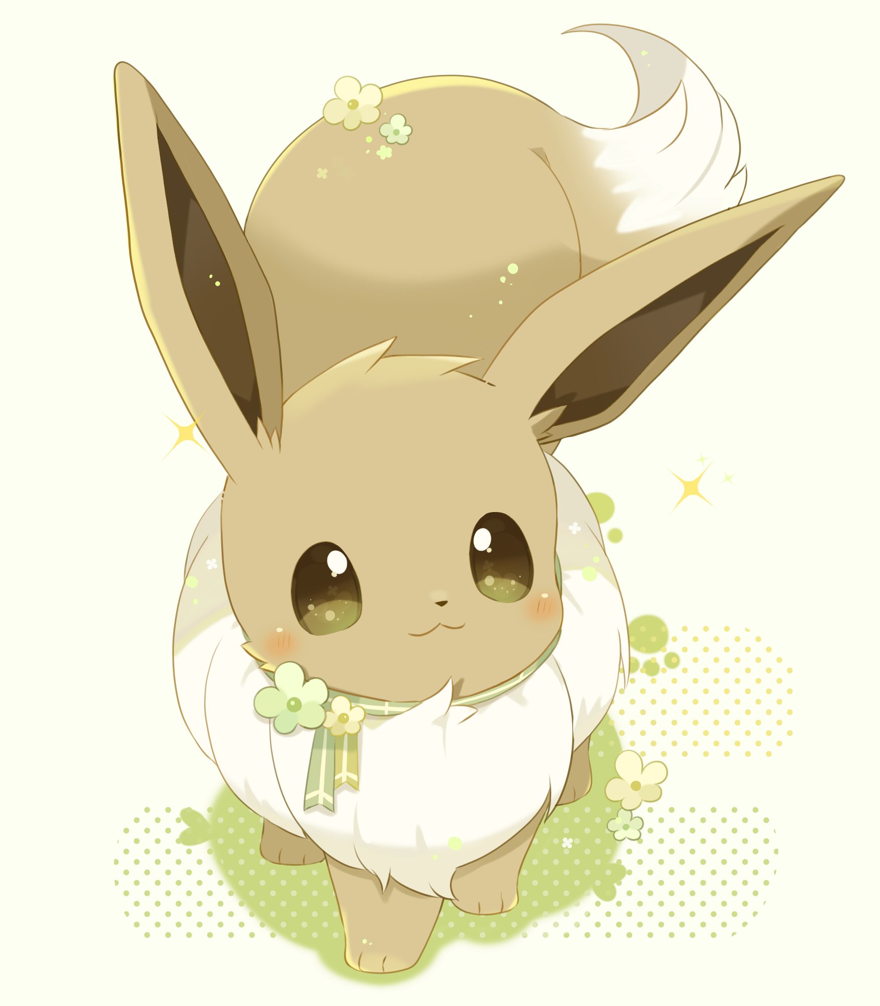 ushiina, eevee, nintendo, pokemon, highres, :3, animal focus, brown fur, closed mouth, flower, full body, gen 1 pokemon, looking at viewer, pokemon (creature), pokemon focus, smile, solo, star (symbol), tail